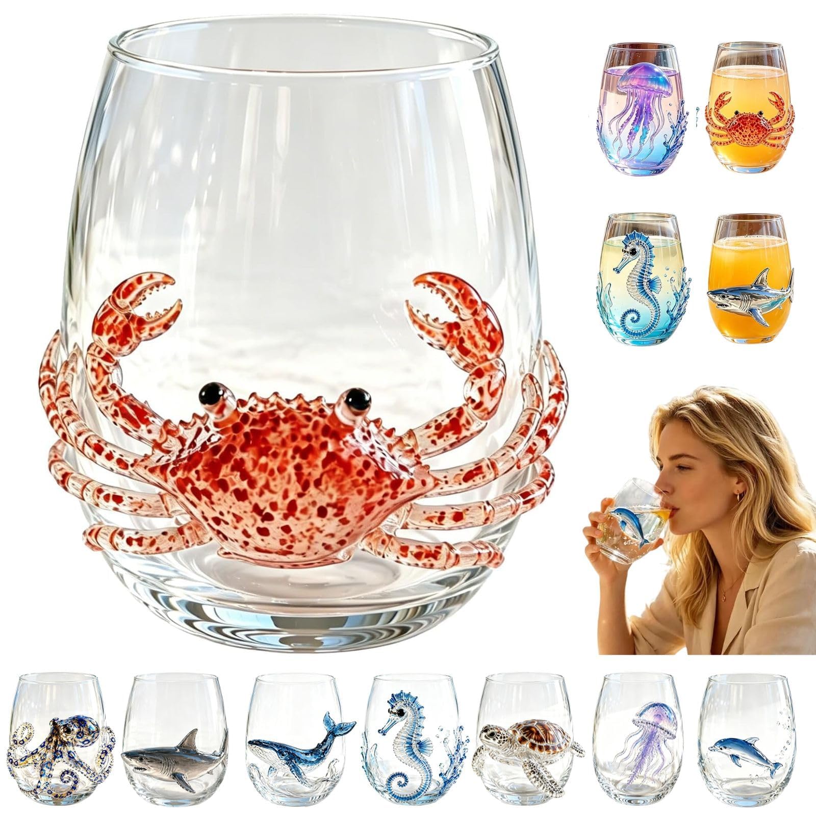 ByteCraft Artisanal Blue Ringed Octopus Glassware, Artistic 3D Octopuses Stemless Wine Glasses, Handcrafted Marine Animal Bar Glass, Coastal Home Decor Gift for Ocean Lovers (Crab)