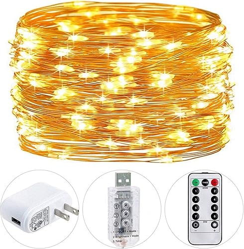 HSicily Luces de hadas enchufables, 100 luces LED de 33 pies para dormitorio, luces parpadeantes con temporizador remoto, 8 modos de luces para