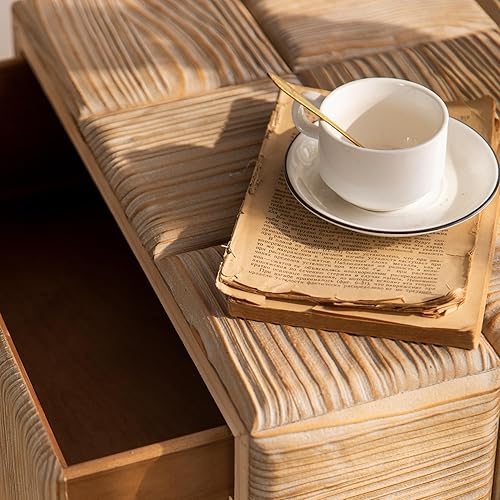 Miniatura 4 de GOAWGO Mesa auxiliar cuadrada retro con 2 cajones, mesas de centro de madera de pino, diseño de empalme de rejilla pequeña, mesa auxiliar para sala