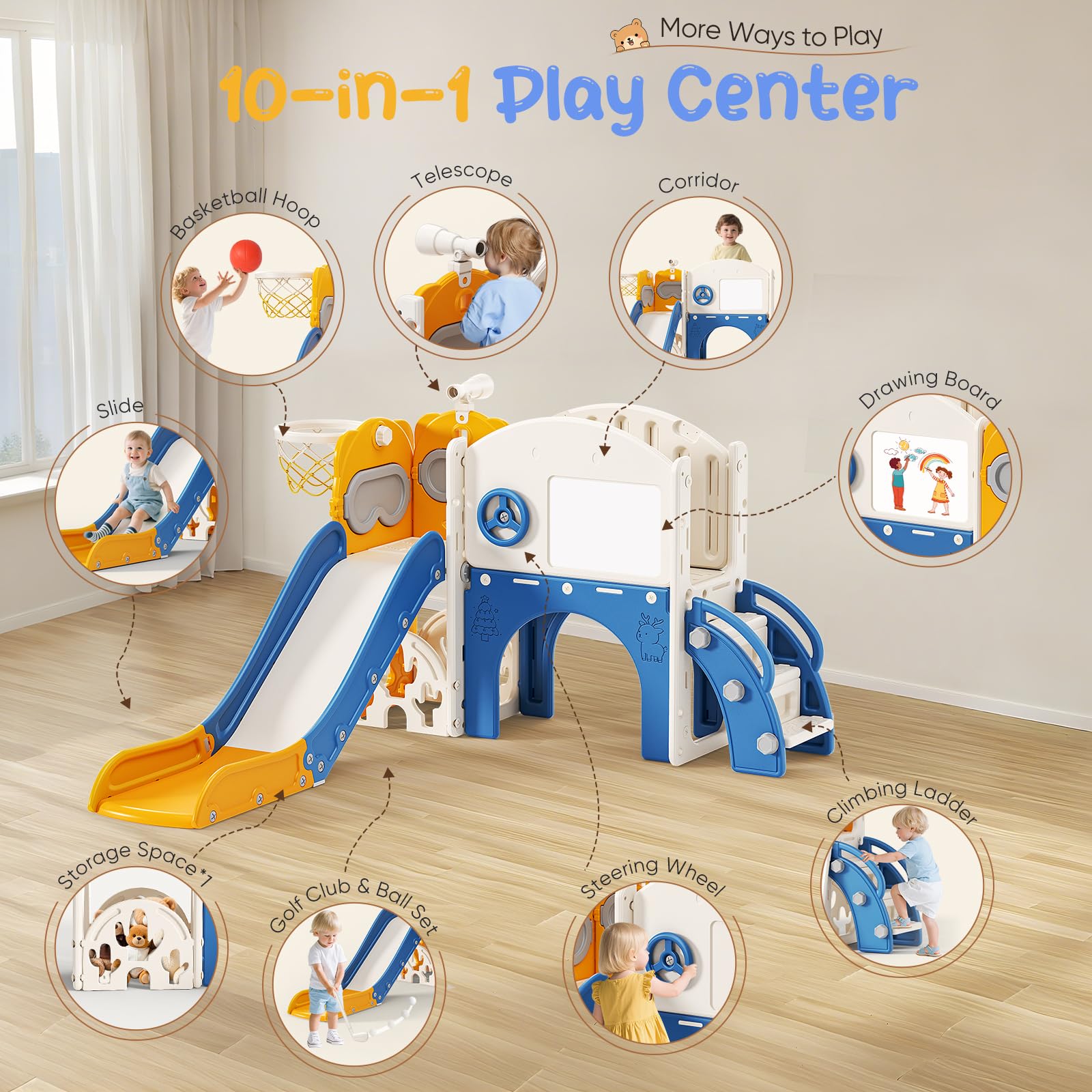 10-in-1 Kinderrutsche mit Basketballkorb und Golf für Kinder 1–6 Jahre