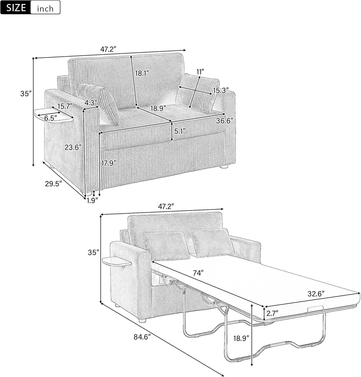 Diagram showing the dimensions of the P PURLOVE Sleeper Sofa Bed in both sofa and bed configurations.