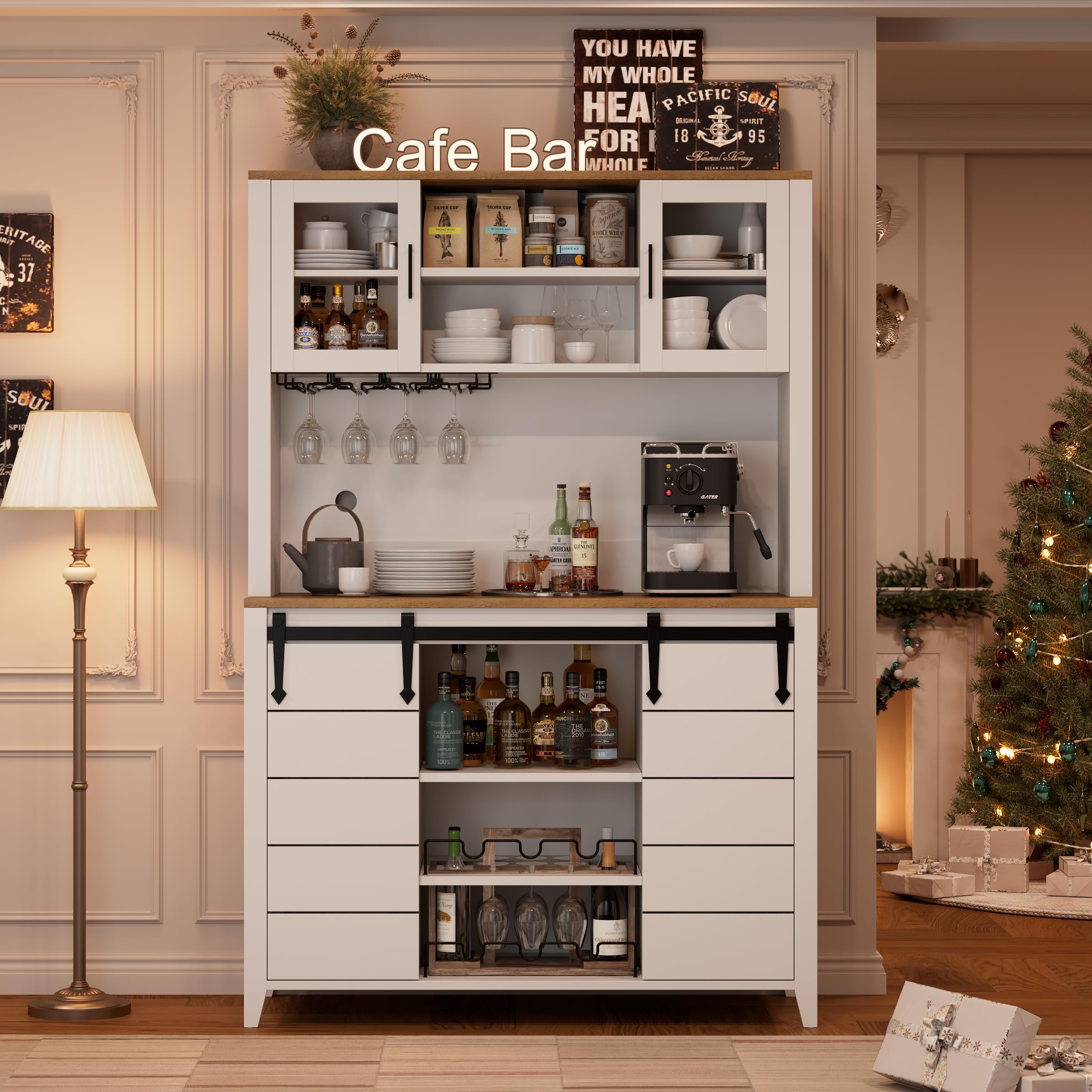 IDEALHOUSE 70'' Wine Coffee Bar Cabinet with Storage Hutch, Tall Kitchen Pantry Liquor Cabinet with Sliding Barn Doors, Bottle Glasses Rack, Farmhouse Buffet for Home Dining Room, White