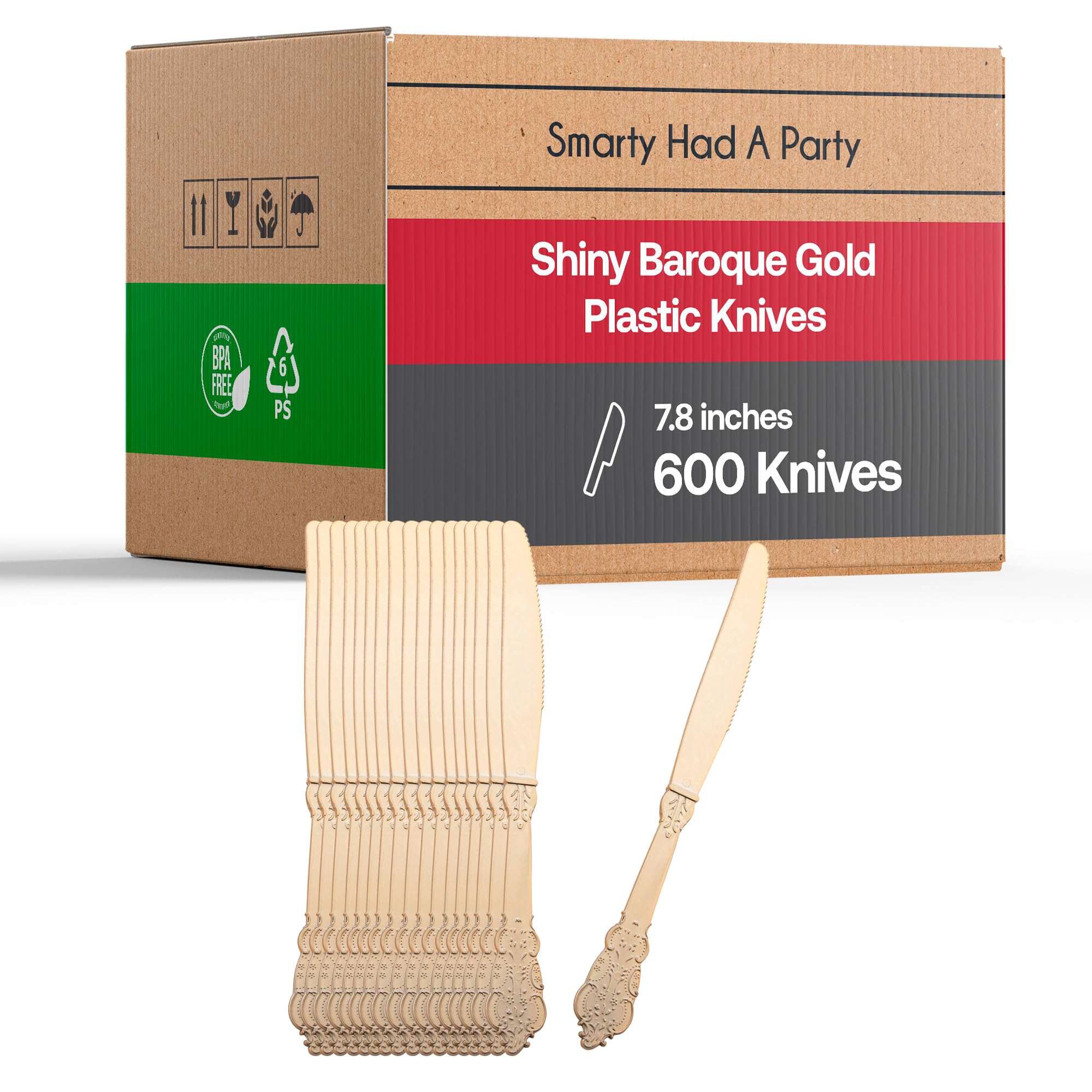 Plastic Gold Knives Heavyweight 600 Pcs - Heavy Duty Fancy Baroque Silverware - Disposable Knife Party Set - Bulk Cutlery Utensils Flatware Supplies For Wedding, Birthday & All Occasions