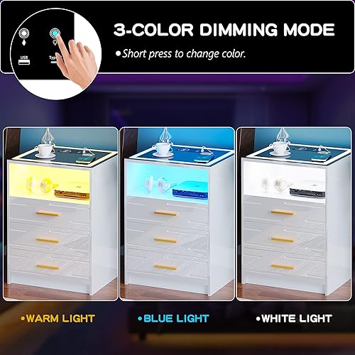 Miniatura 5 de Mesita de noche LED de alto brillo con estación de carga inalámbrica, mesita de noche con sensor automático con LED de 3 colores a través de