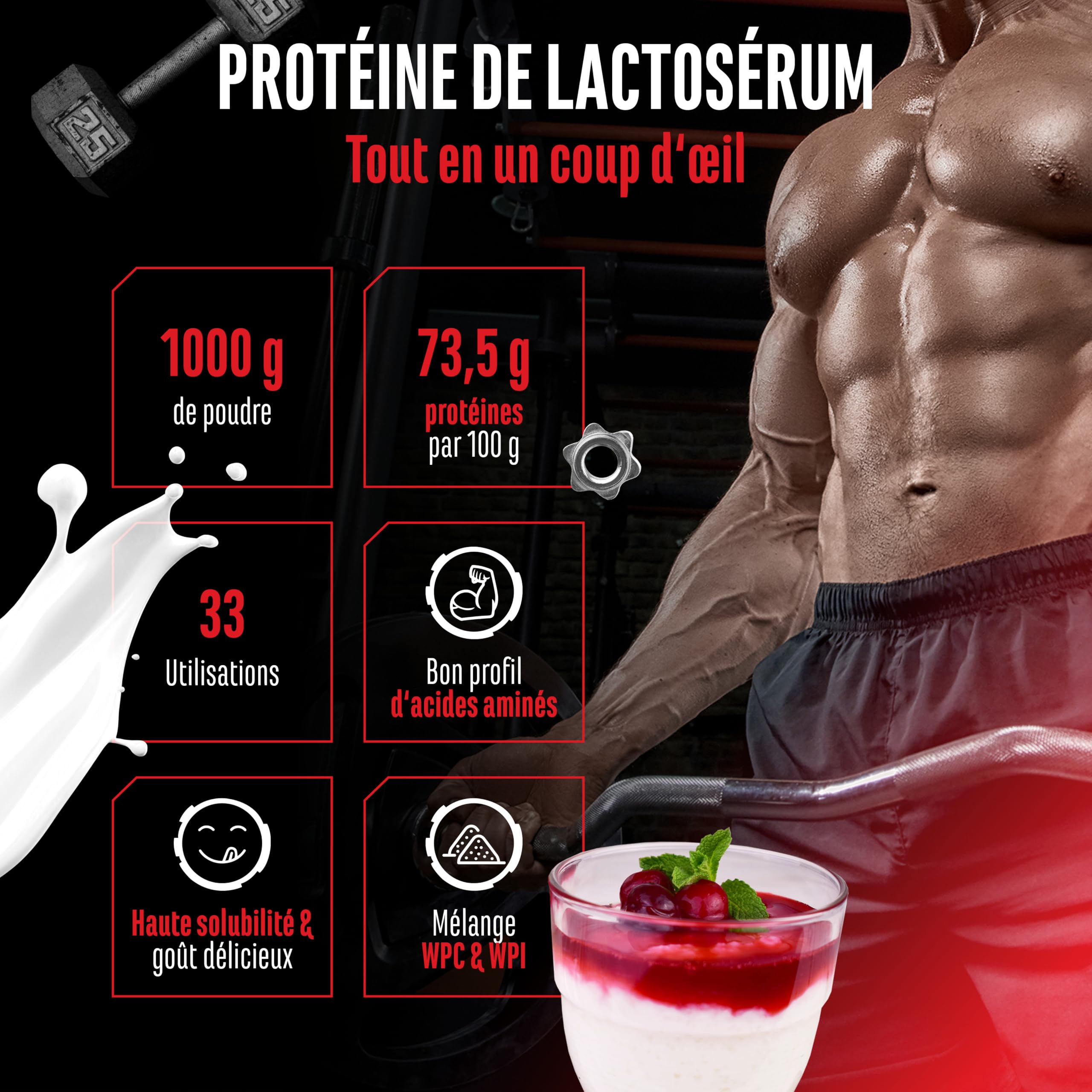 Whey Protein Complex - 1000 g (Semoule au lait avec des Cerises) - Avec part d'isolat - Protéine soluble instantanée en poudre avec BCAA & EAA - German Elite Nutrition