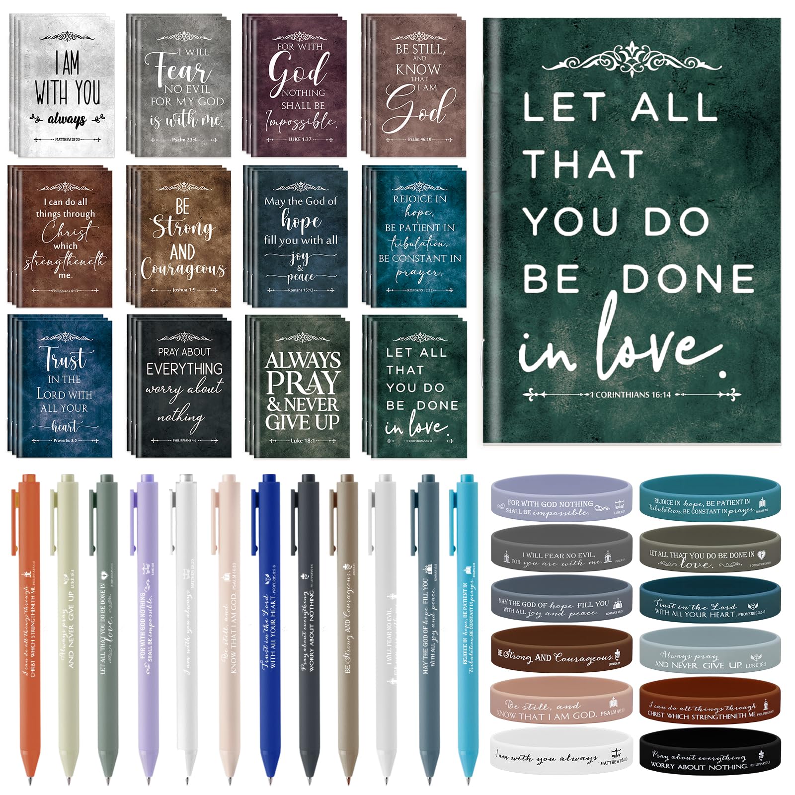 Gueevin Christian Gifts Set Bulk for Men Bible Verse Mini Notepads Inspirational Ballpoints Silicone Wristband for Women Man of God Pastor