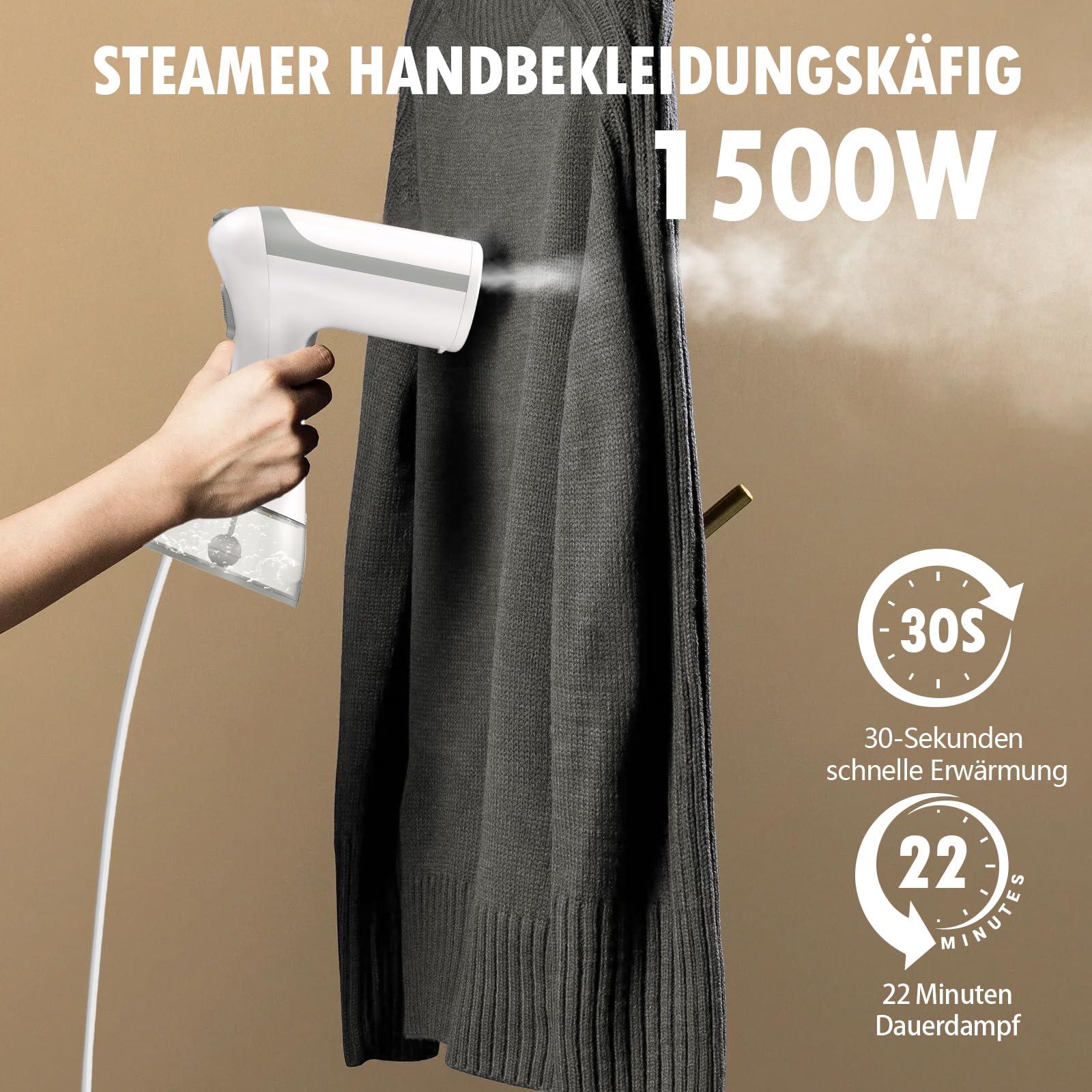 Steamer Dampfglätter mit 300ml Abnehmbarer Wassertank, 1500W, 20 Sekunden schnelles Aufheizen, Reise Dampfglätter, der für Vertikale und Horizontale Verdampfung Verwendet Werden Kann