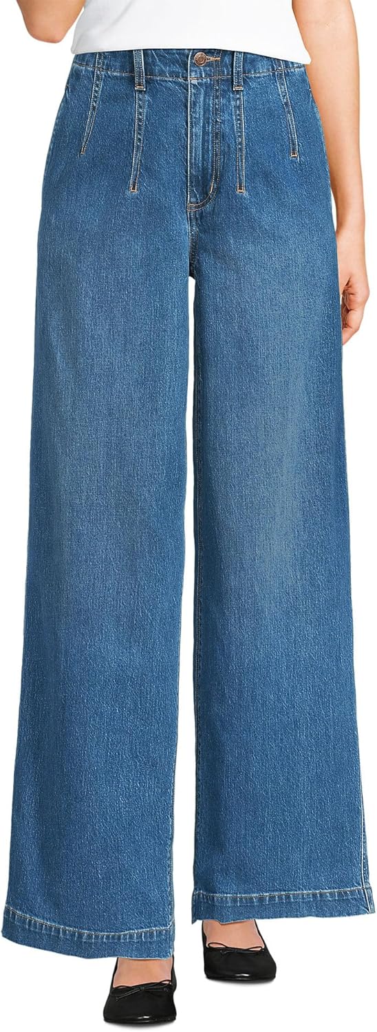 Lands' End Women's Petite Soft Denim High Rise Wide Leg Top Stitch Trousers
