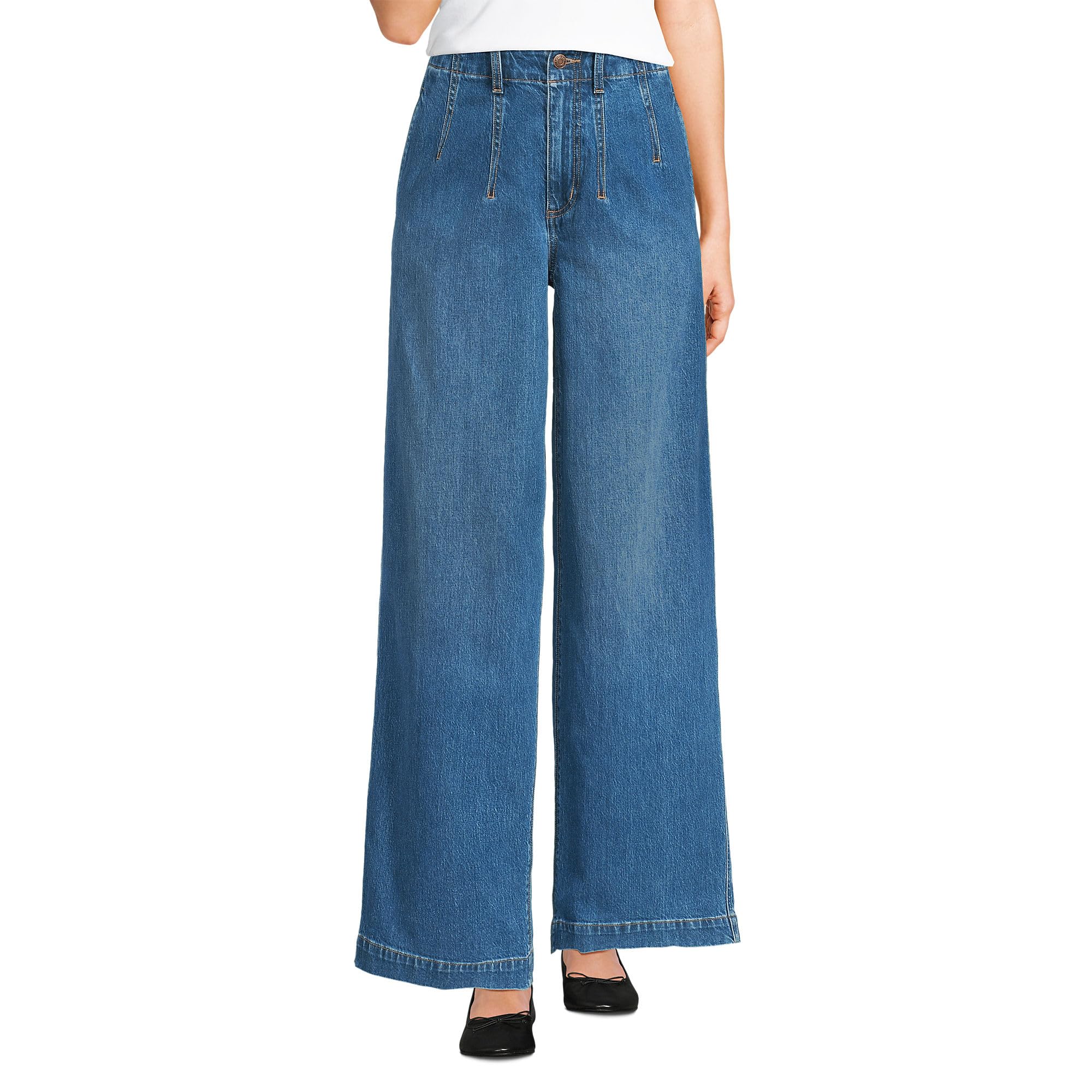 Lands End Womens Petite Soft Denim High Rise Wide Leg Top Stitch Trousers
