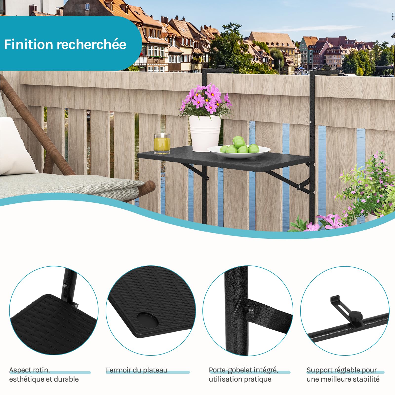 WOLTU Table de Balcon Rabattable et Suspendue, Table Exterieur Pliante avec 3 Hauteurs Réglables, en Aspect Rotin, Cadre en Métal, Noir