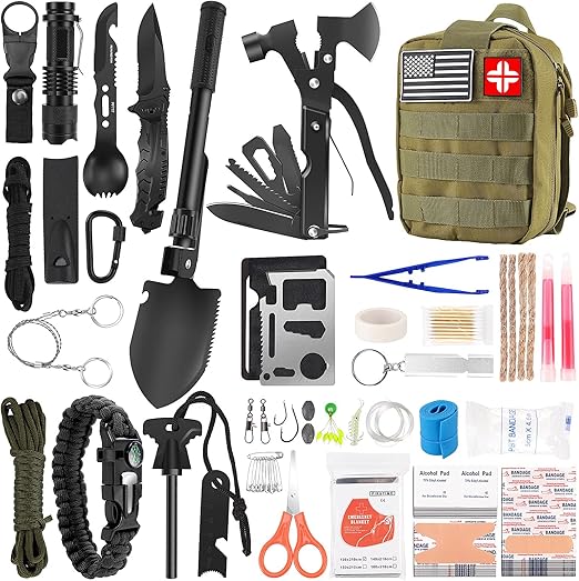 Emergency Survival Kit and First Aid Kit, 142Pcs Professional Survival Gear and Supplies Equipment with Molle Pouch, Gift for Christmas Men Dad Husband Camping Hiking Hunting Outdoor Adventure