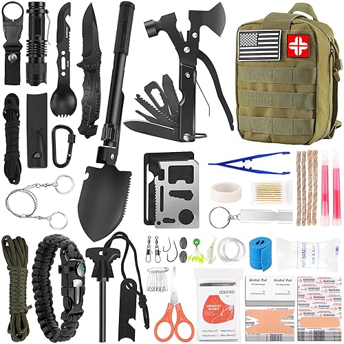Emergency Survival Kit and First Aid Kit, 142Pcs Professional Survival Gear and Supplies Equipment with Molle Pouch, Gift for Christmas Men Dad Husband Camping Hiking Hunting Outdoor Adventure - Green