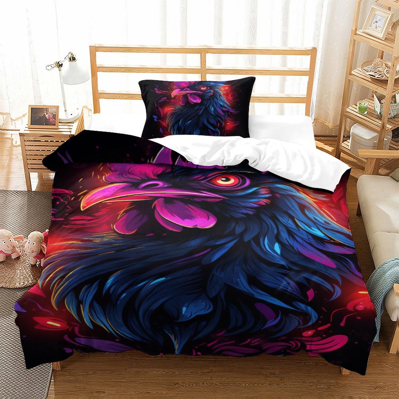 Housse de couette 135x200 coq 3D parure de lit microfibres enfants ados avec taie d'oreiller