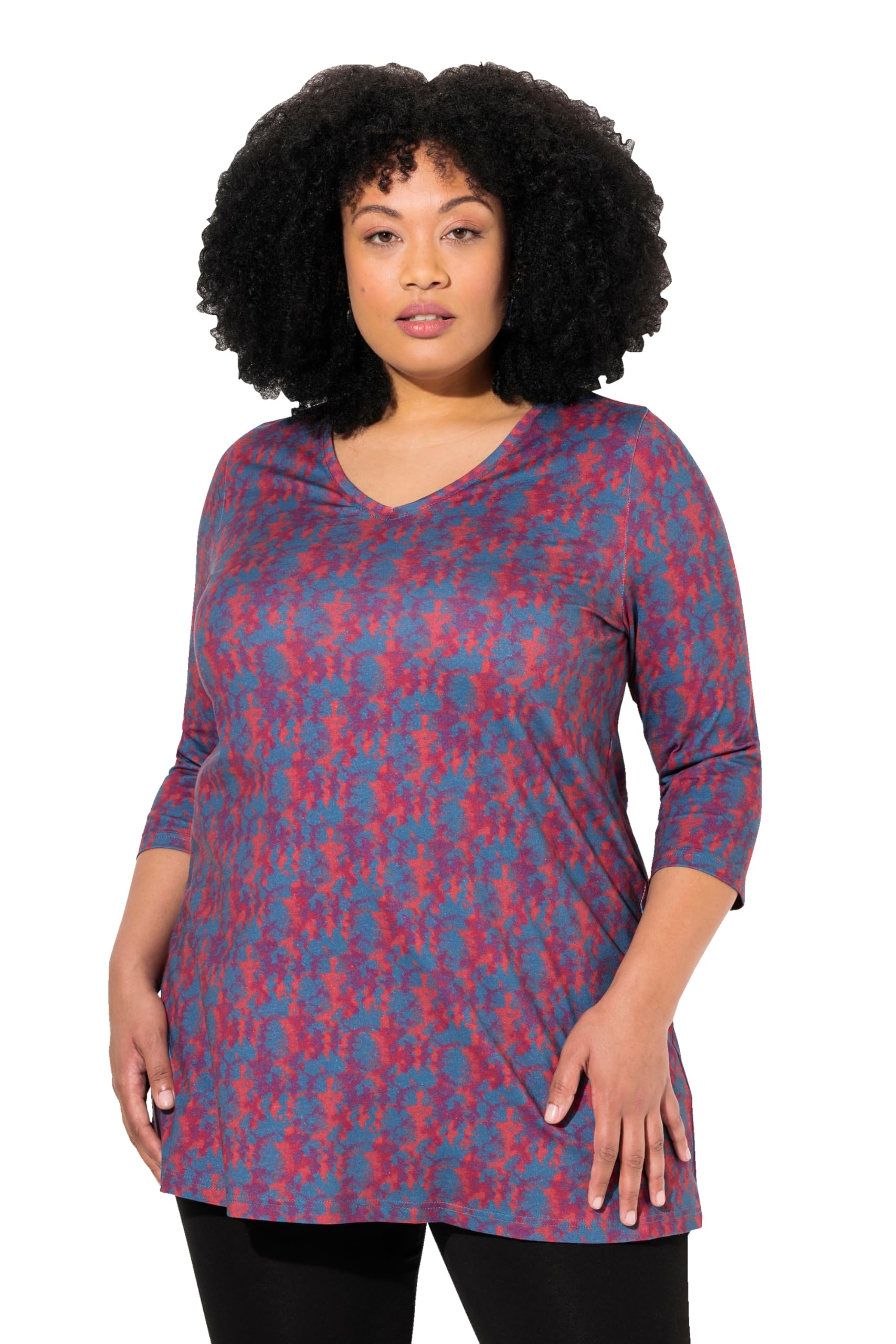 Ulla Popken Damen große Größen Übergrößen Plus Size Longshirt, Batikmuster, A-Linie, V-Ausschnitt, 3/4-Arm 832888