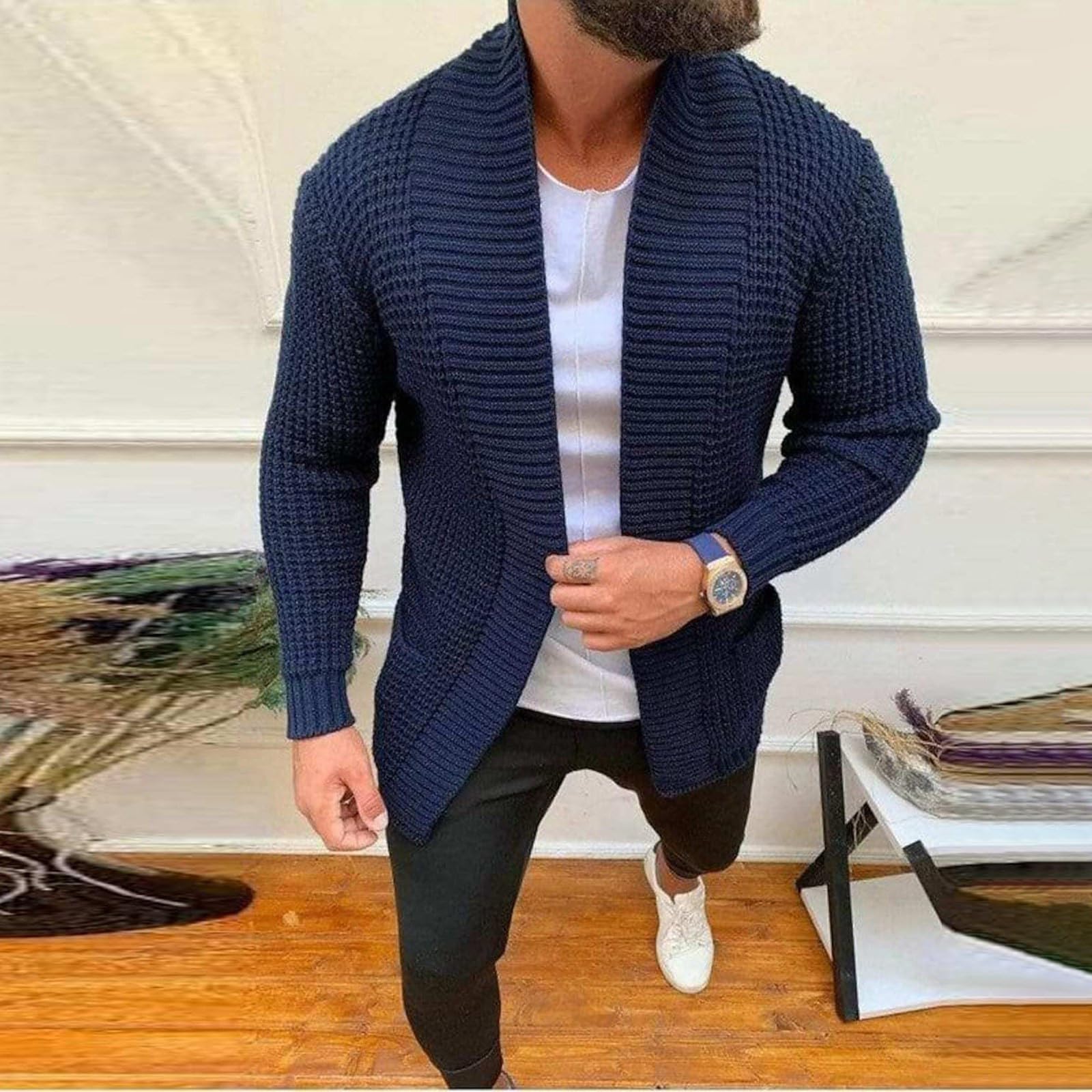 Cárdigan De Punto para Hombre, Chaqueta Punto Hombre con Cuello En V Forrado con Botones De Punto Grueso Chaqueta De Transición Cálida Rebecas con Botones Y Bolsillos para Otoño Invierno
