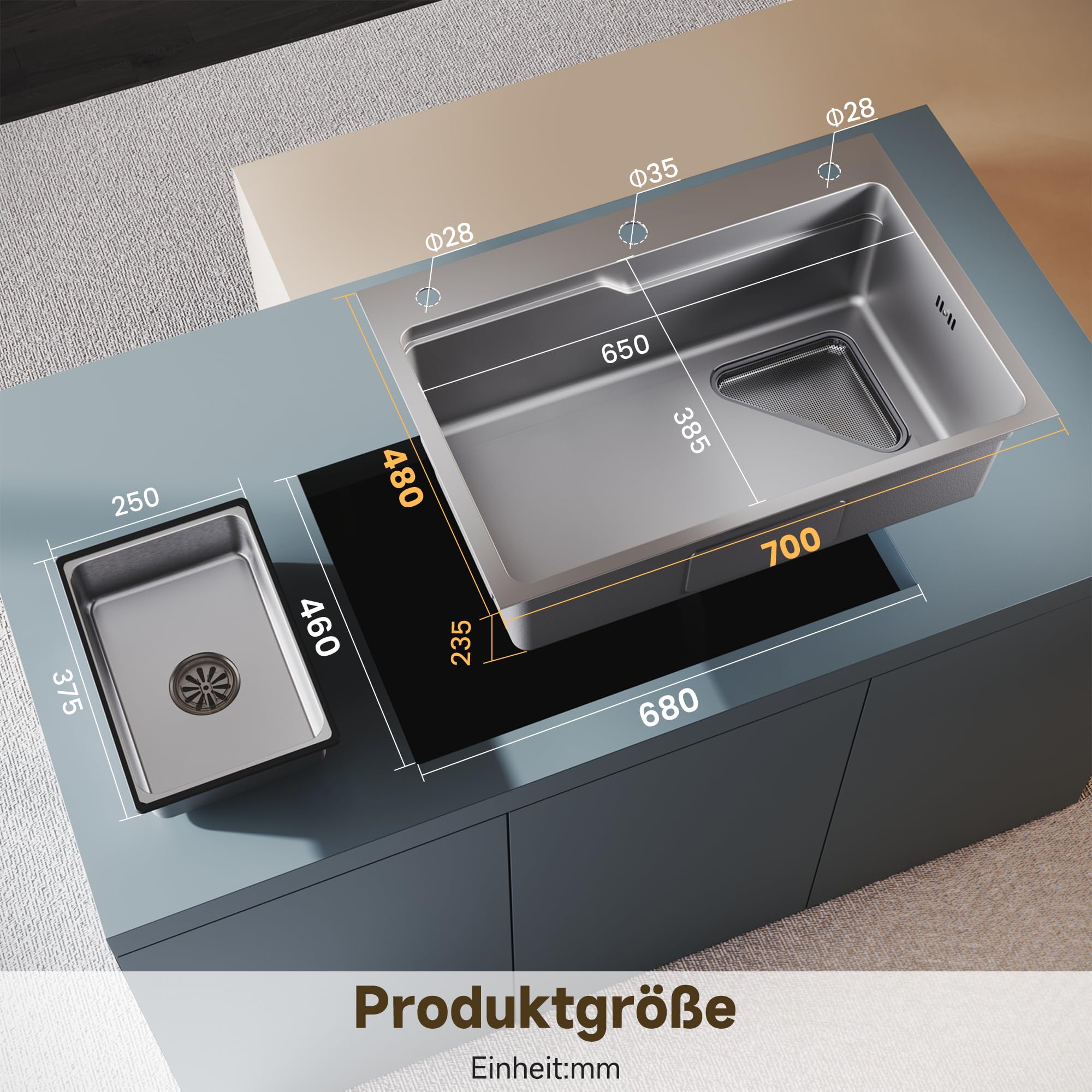 SONNI Lavandino 70x48cm con 3 prefori, acciaio inossidabile 304, argento