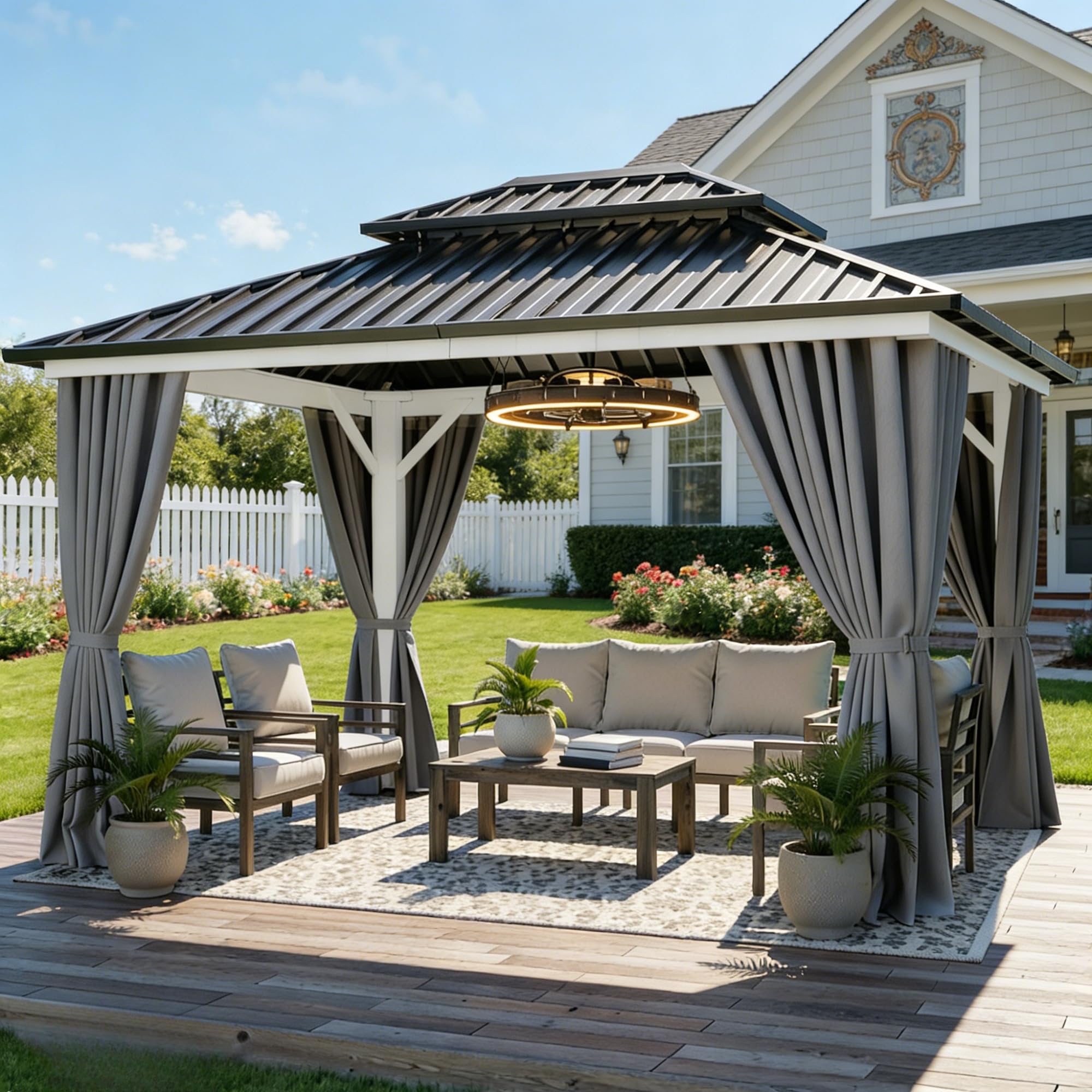 Photo 1 of YITAHOME White Gazebo Hardtop 10x12ft Double Roof Aluminum Frame Galvanized Outdoor Gazebo with Netting and Shaded Curtains Garden Tent for Patio, Backyard, Deck and Lawns, Grey Curtain
