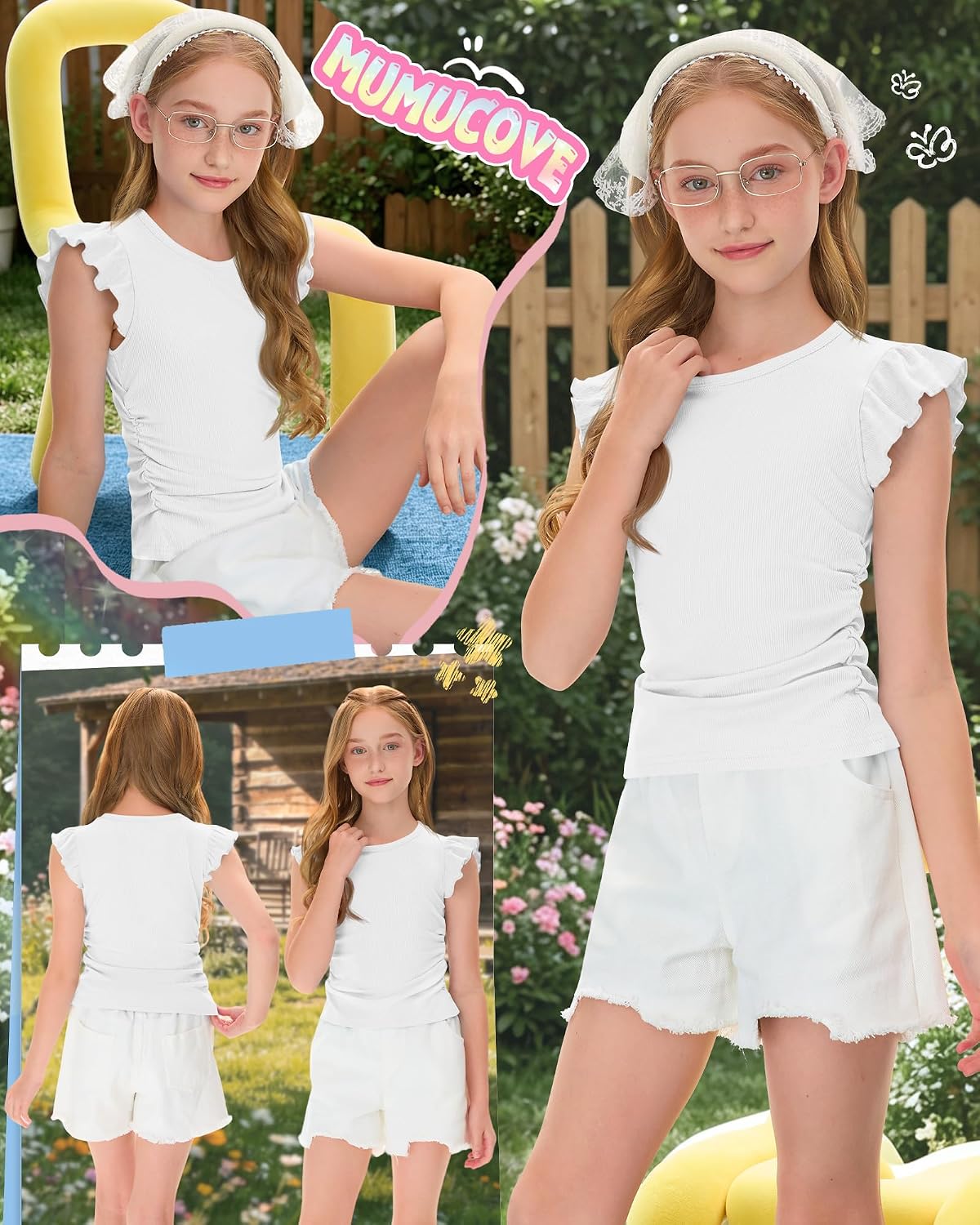 Girls' Ruffle Short Sleeve T-Shirts Crewneck Ribbed Knit Slim Fit Tank Tops Ruched Side Casual Summer Tee 5-14 Years