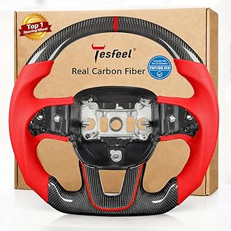 Real Carbon Fiber Steering Wheel Frame compatible with Dodge Challenger (2015-2024), for Charger, for Durango - Red Perforated Leather, Stitching & Bottom Halo, Flat D-Shape