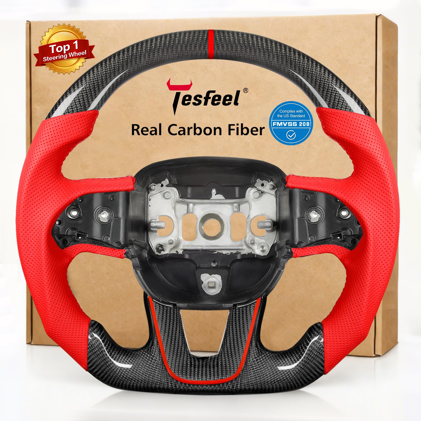 Real Carbon Fiber Steering Wheel Frame compatible with Dodge Challenger (2015-2024), for Charger, for Durango - Red Perforated Leather, Stitching & Bottom Halo, Flat D-Shape