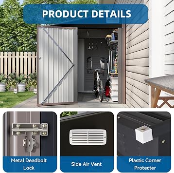 8'x6' Lean to Shed Large Storage Room Galvanized Steel Storage Sheds with Side Door Waterproof Utility Shed with Sloped Roof for Mower, Bike, Garden Tools (Brown)