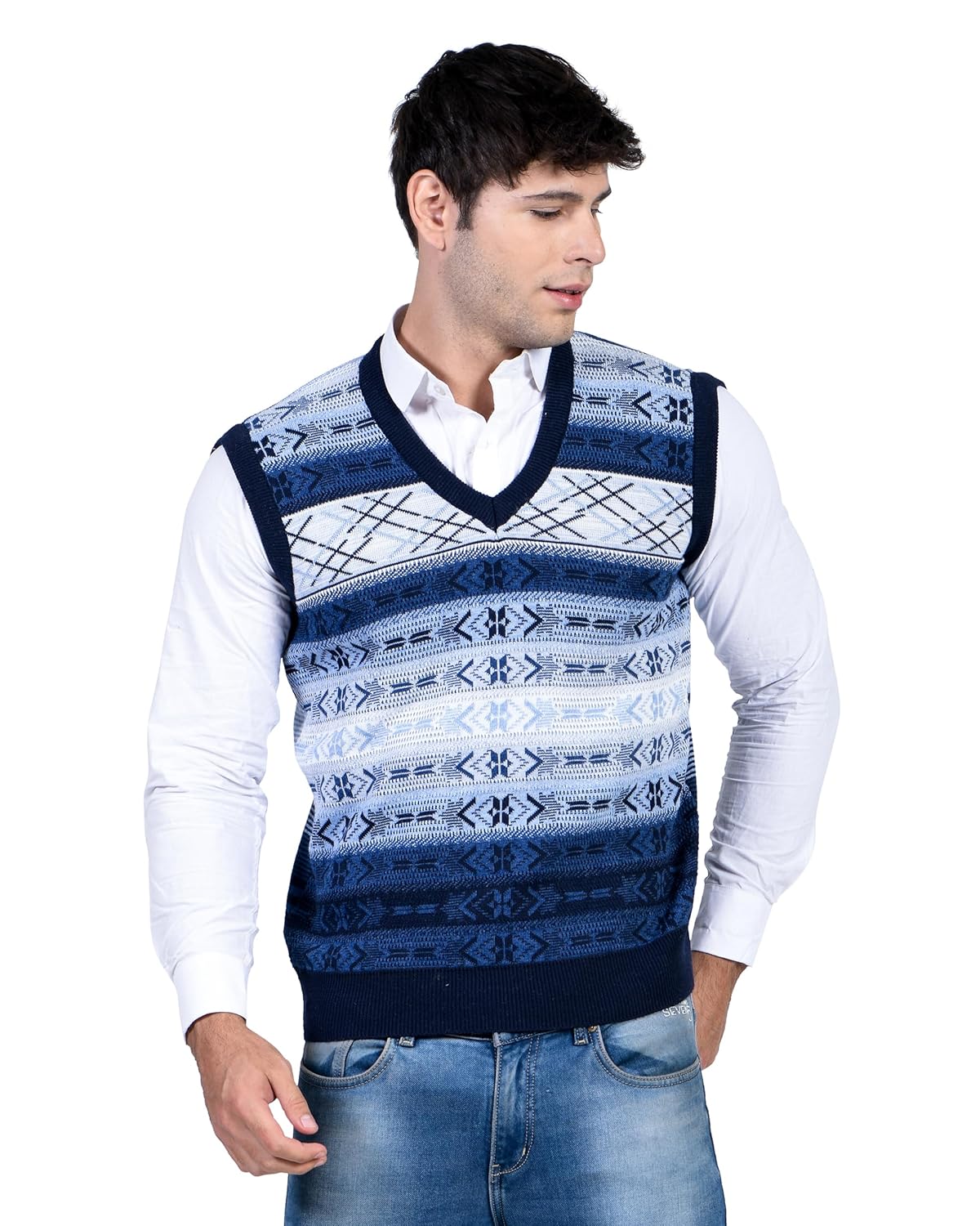 MONT CONNETT Men Woolen V-Neck Printed Design Sleeveless Pullover Heavy Rainbow Fabric Winter Wear Pure Wool Sweater for Men Fully Warm Pullover Free Sizes