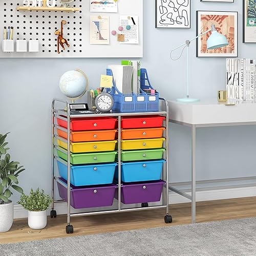 Miniatura 9 de RELAX4LIFE Carrito de almacenamiento con 12 cajones, ruedas rodantes, semitransparente, multiusos, móvil para escuela, oficina, salón de belleza,