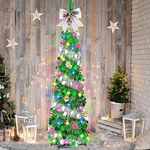 Miniatura 5 de RACPNEL Árbol de Navidad de oropel desplegable de 5 pies con luces, decoraciones, lentejuelas, árbol de Navidad plegable, artificial, decoración