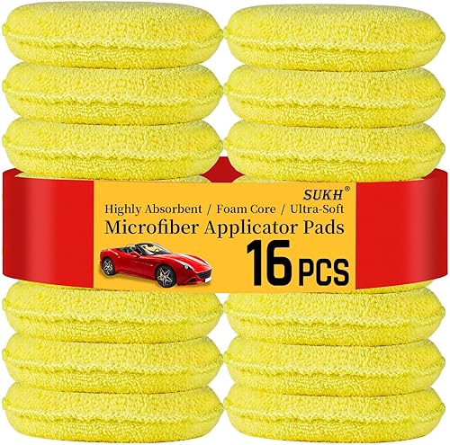 Sukh Paquete de 16 almohadillas aplicadoras de espuma de microfibra, almohadilla aplicadora de cera para detallar, esponjas de pulido redondas de