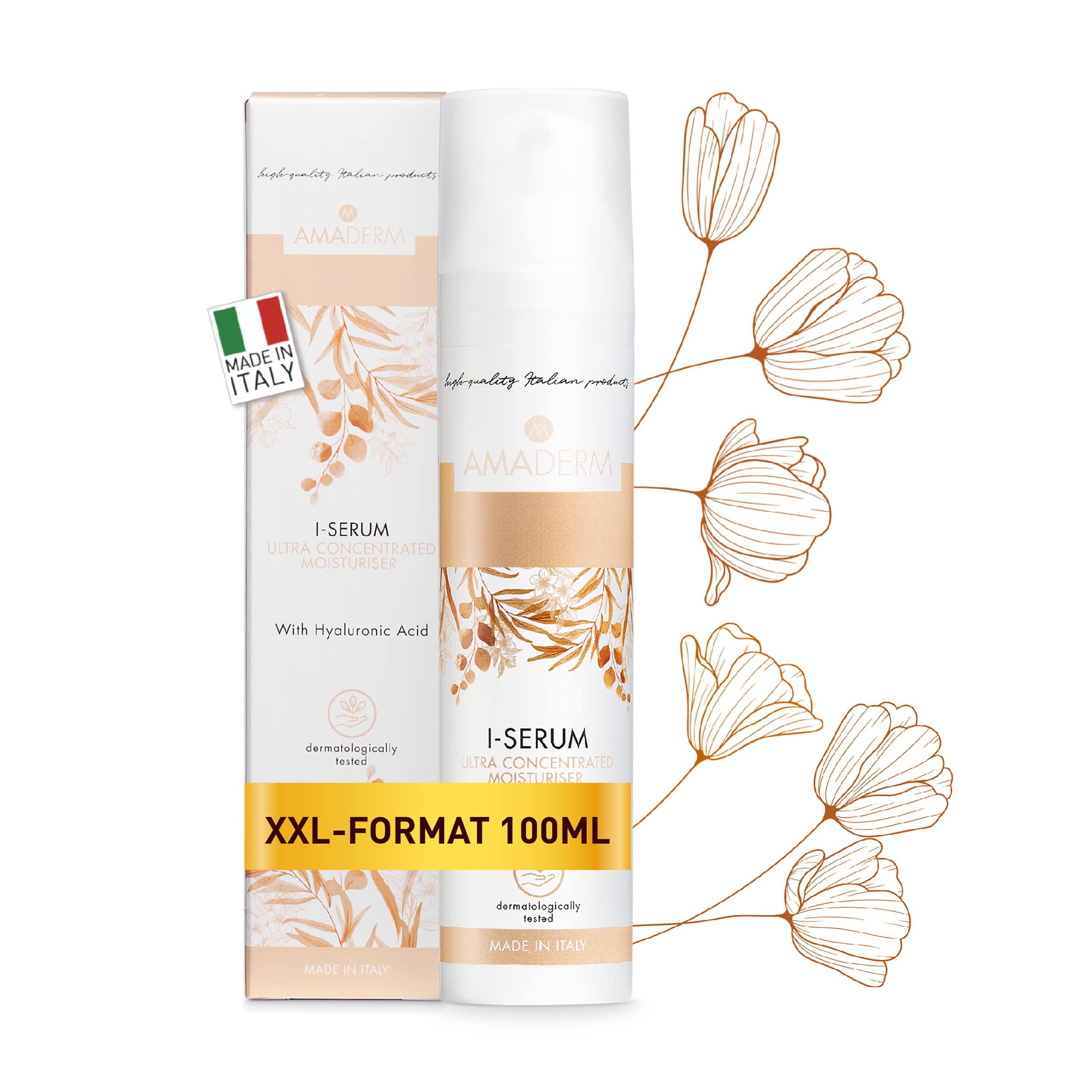 AMADERM I-Serum 100ml | Gesichtsserum mit 100% reiner Hyaluronsäure und Vitamin E | MADE IN ITALY Feuchtigkeitsspendendes und antioxidatives Serum für Gesicht und Hals mit Fillereffekt