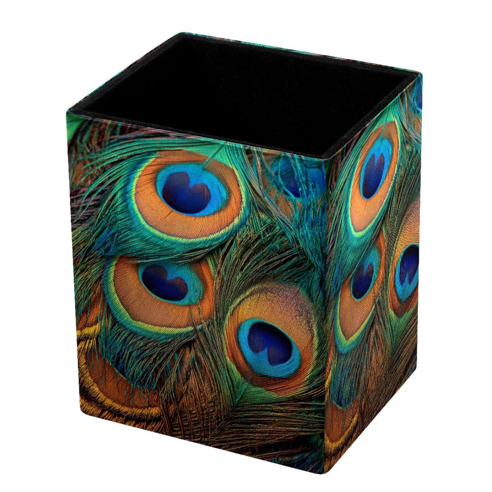 VAPOKF Pencil Holders for Desk, Peacock Feather Printed Pen Holders Pen Pot Makeup Brushes Storage Desktop Stationery Supplies Organiser for Home Office