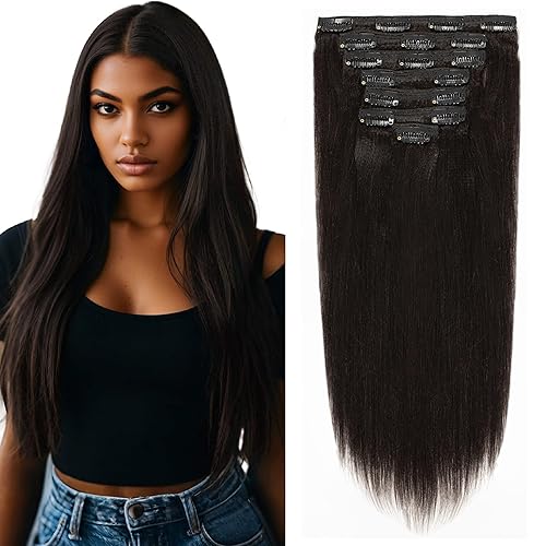Lacer Light Yaki - Extensiones de cabello lacio con clip, color negro natural, extensiones de cabello humano Remy con clip, para mujeres negras,
