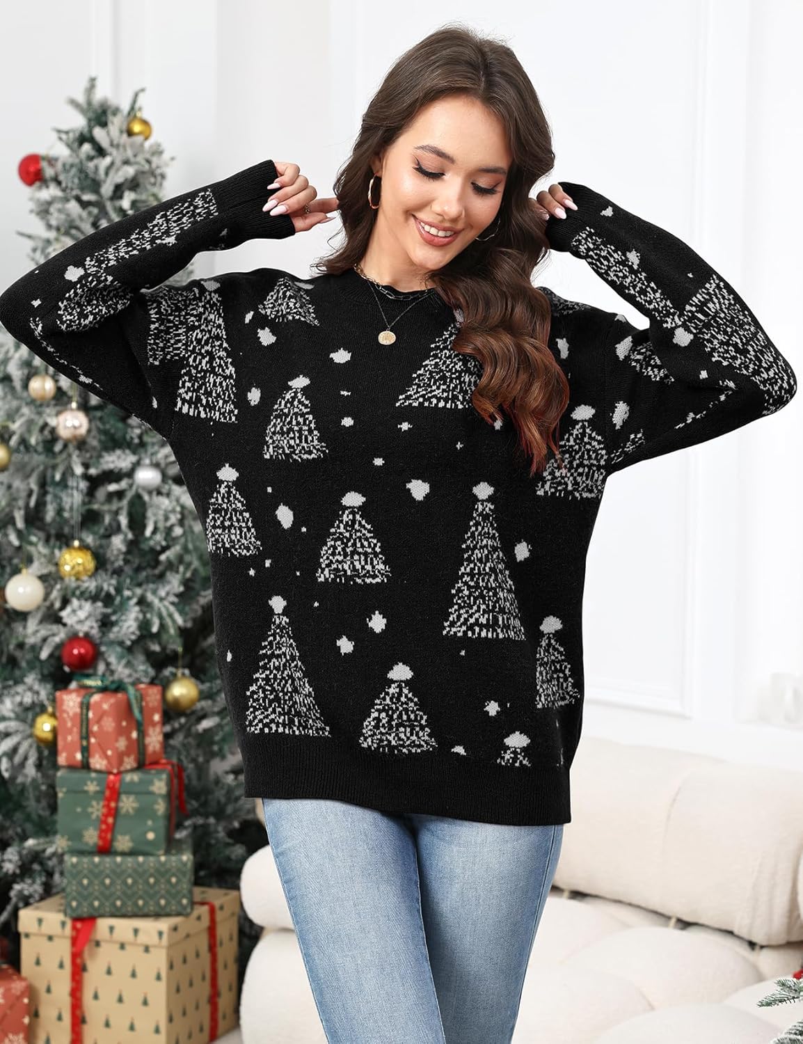 Gihuo Women’ s Christmas Sweaters Crewneck Pullover Xmas Knit Top 2025 Long Sleeve Christmas Tree Sweater - Image 3