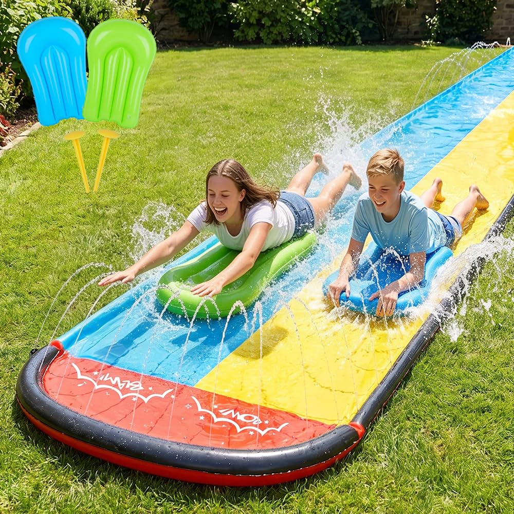 Double Wasserrutsches mit 2 Bodyboards, 19.6ft/600cm Wasserrutsche Garten für Kinder, Wasserrutsche mit Sprinkler Sommer & Splash-Pool, Wasserspielzeug Kinder Outdoor, Gartenspielzeug