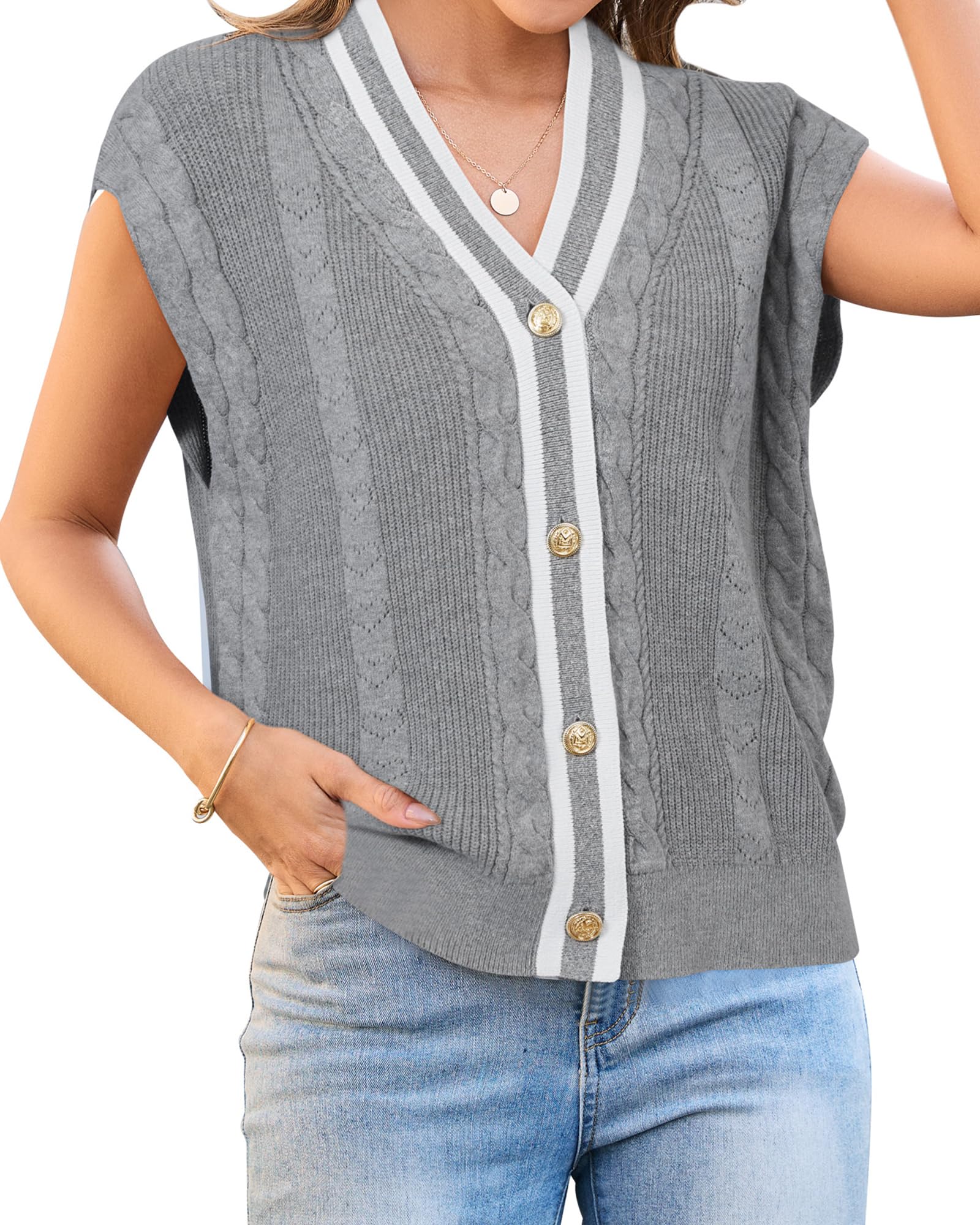 Arach&Cloz Summer Sweater Vest Women Spring Cap Sleeve V Neck Striped Button Casual Cardigan Sweater Knit Tank Tops 2025