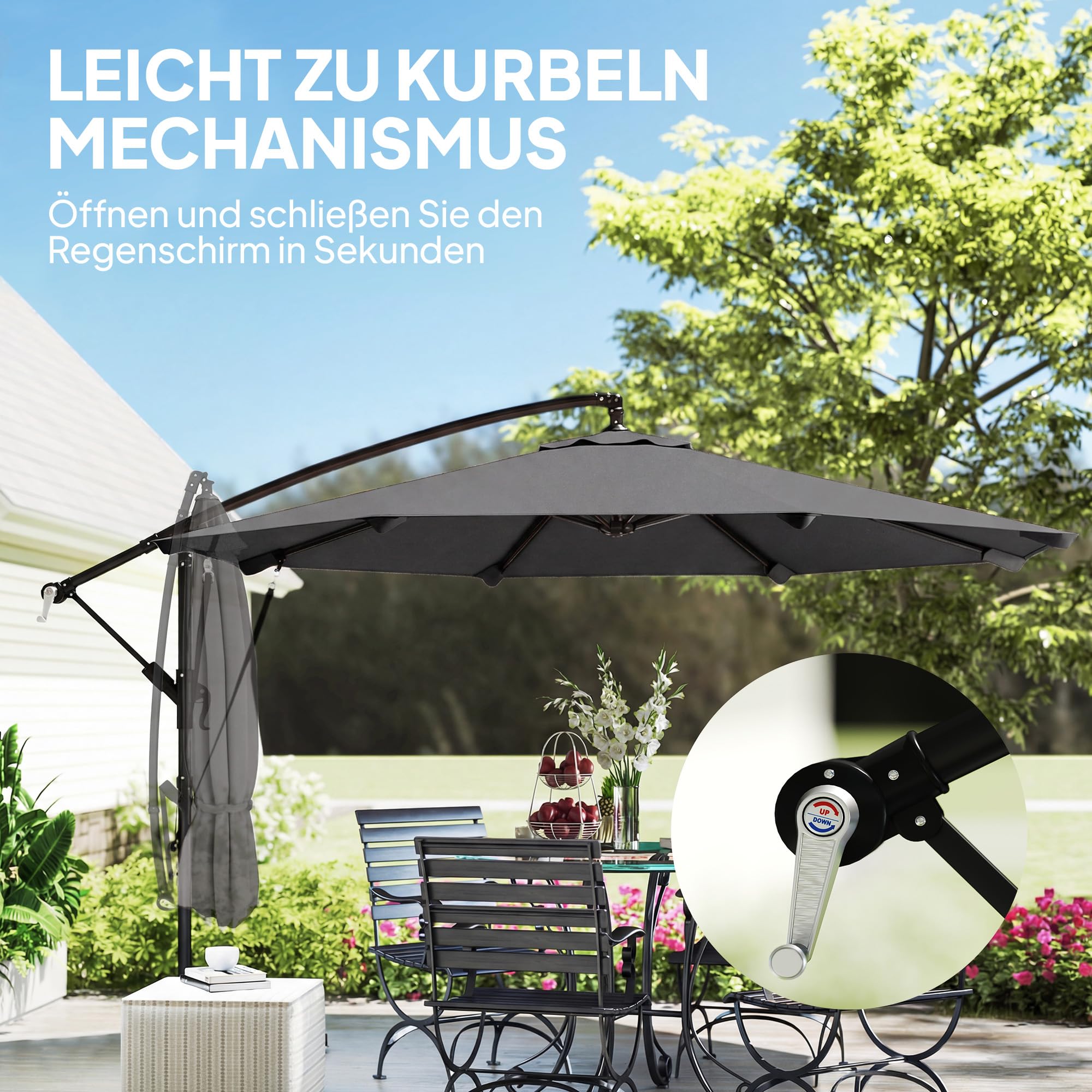Outsunny Ampelschirm ca. Ø300 cm Neigbar Sonnenschirm mit Kurbel Kreuzfuß Windseilen Schutzhülle, UV-Schutz Wasserabweisend Gartenschirm Marktschirm Kurbelschirm