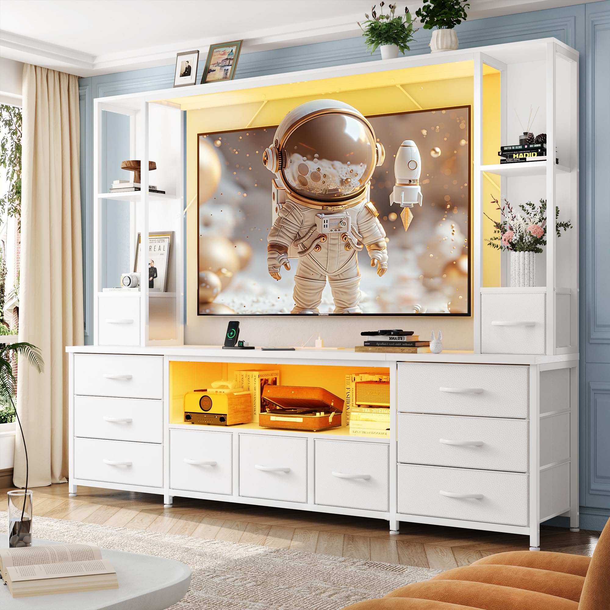 EnHomee 78.6" TV Stand for Living Room, Large Entertainment Center with 11 Fabric Drawers, 2 LED Lights & Power Outlets, Modern Dresser with Storage Shelves, Wall Unit for Bedroom, White