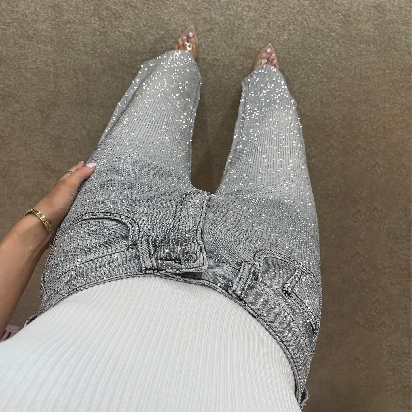 Sparkly Jeans for Women Girls Rhinestones Y2K High Waist Baggy Straight Wide Leg Trousers Bling Glitter Boyfried Denim Pants