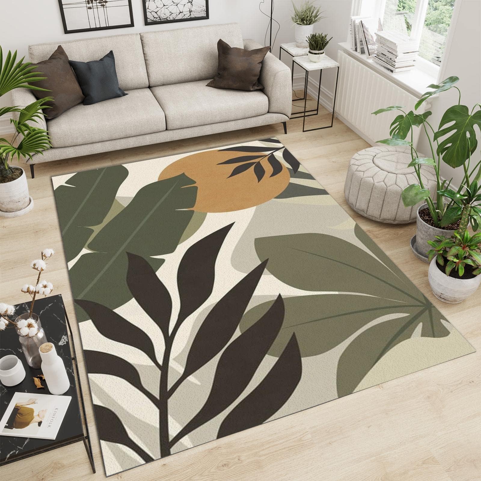 Tapis de Décoration Feuille De Palmier Simple, 140 x 200 cm Tapis Moquette de Chambre à Poils Ras, Paillasson Intérieur - pour Chambre à Coucher de Salon