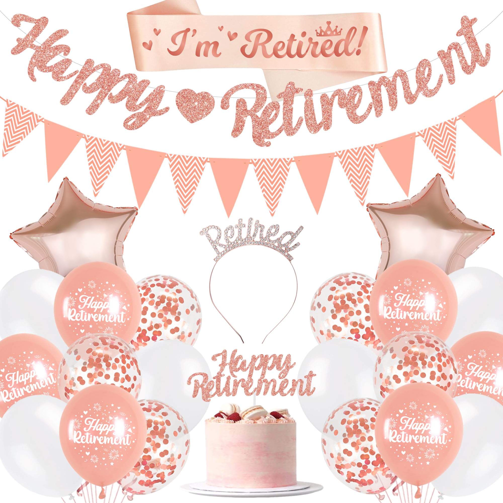 Happy Retirement Decorations Rose Gold - Retirement Banner Cake Topper Balloons I'm Retired Sash Bunting, Headband for Women Theme Decoration Party Supplies
