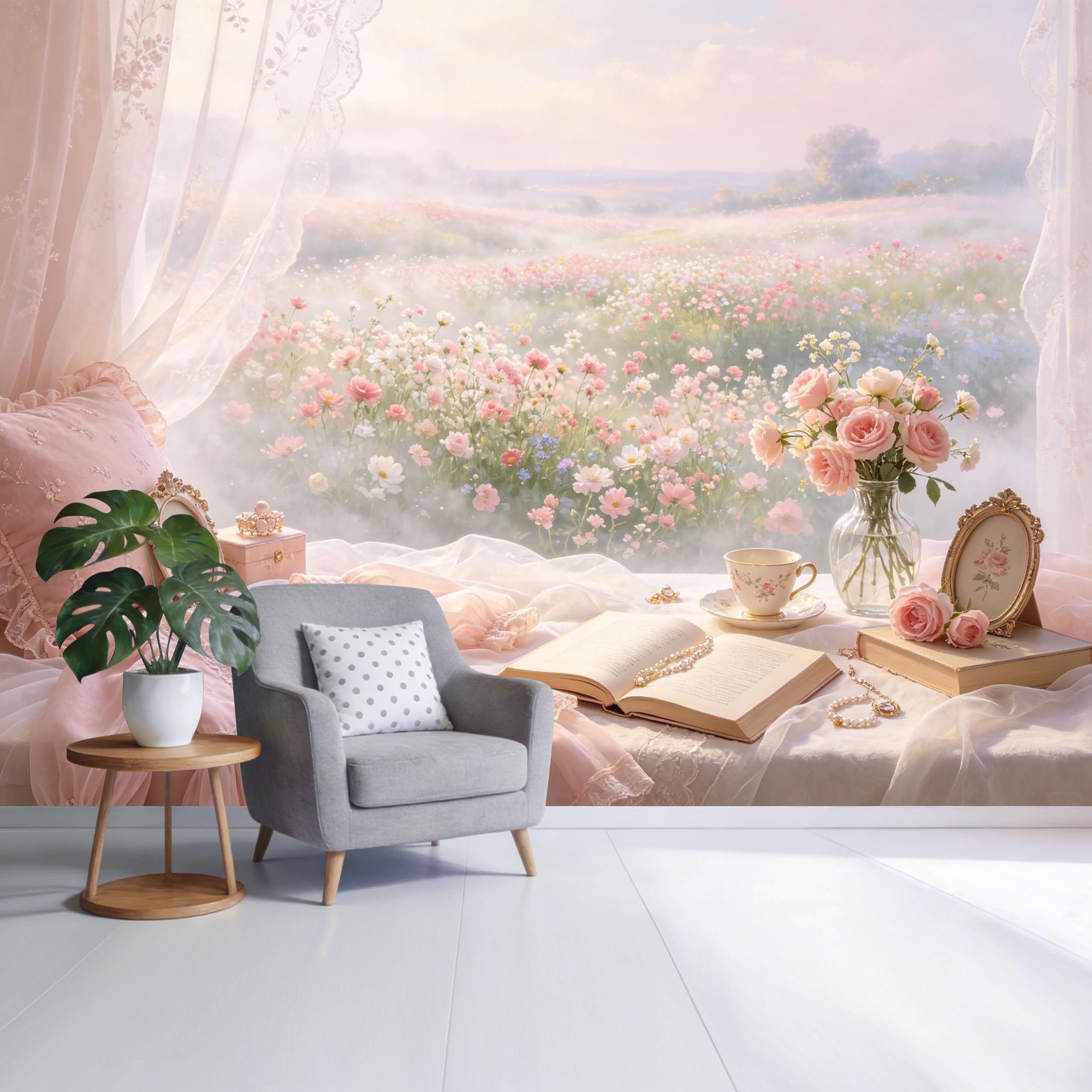 Custom Size Wall Mural Romantic Floral Meadow View Pastel Rose Bouquet Vintage Books Lace Curtain Botanical Watercolor SelfAdhesive Wall Fabric Removable Wallpaper for Home Office Decor