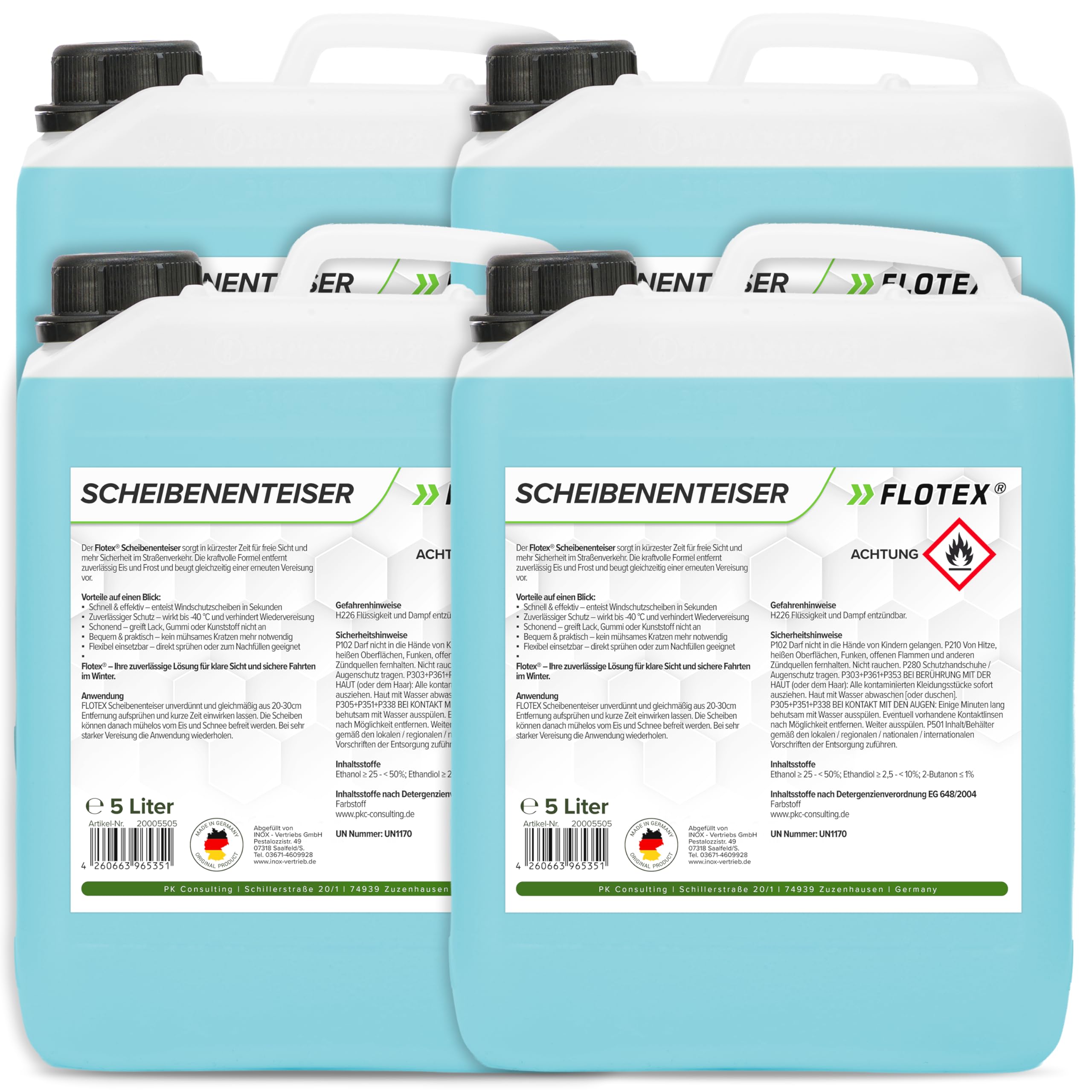 Scheibenenteiser Auto (4x5L) hochwirksam & ohne Kratzen | Scheibenfrost Enteiser Auto verhindert zuverlässig Wiedervereisung | Scheiben EIS Entferner sehr effektiv bis -40°C | Made in Germany