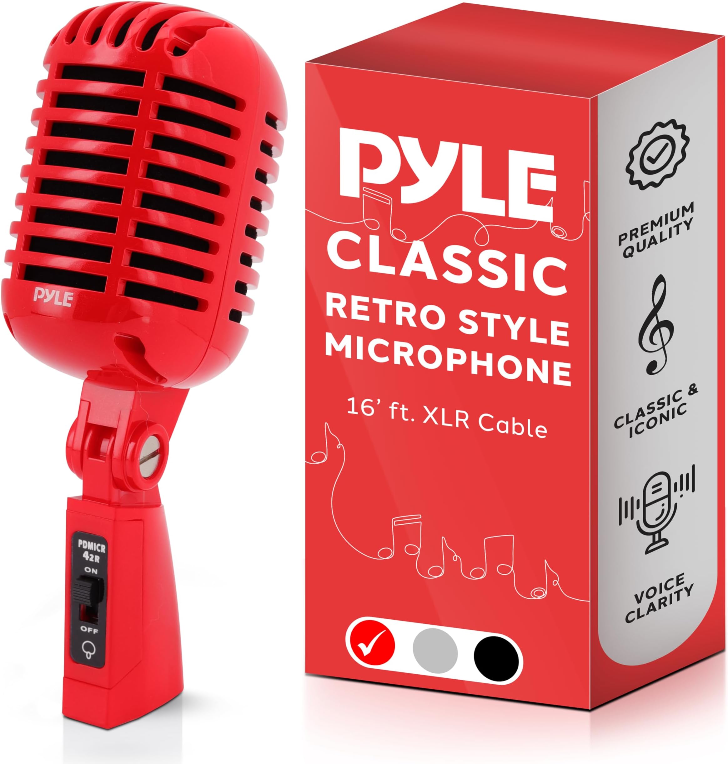 Classic Retro Dynamic Vocal Microphone - Old Vintage Style Unidirectional Cardioid Mic with XLR Cable - Universal Stand Compatible - Live Performance, In-Studio Recording - Pro PDMICR42R (Red)