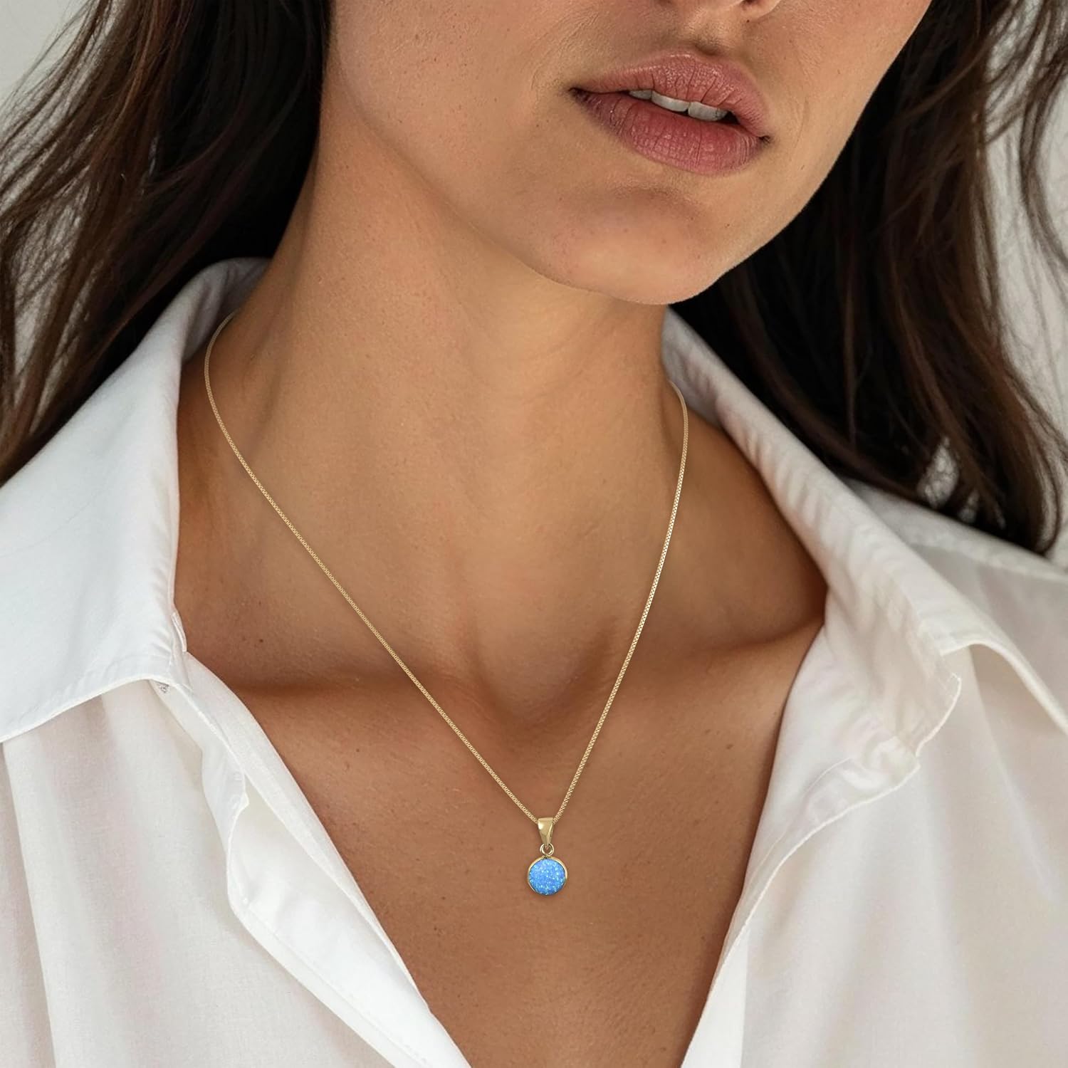 14K Gold Pendant Blue Opal Necklace for Women - 8mm Round Gemstone - October Birthstone Necklace - 45cm 14K Gold Cable Chain - Blue Opal Jewelry - Ideal Gift for Loved Ones