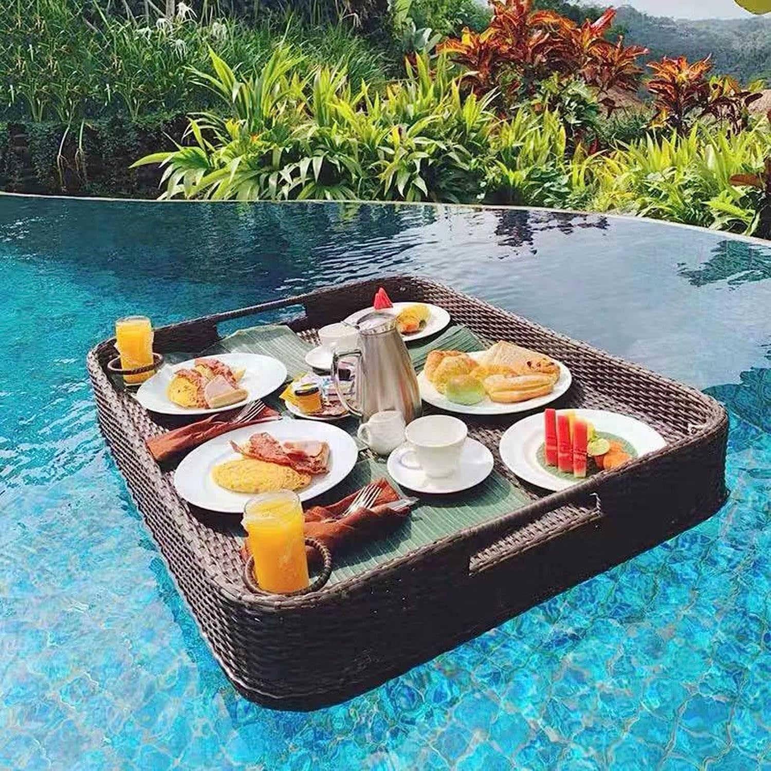 Swimming pool floating bar, Floating Serving Trays Table Bar Rattan Woven Floating Food Tray, Pool Serving Trays(Brown,Rectangle)