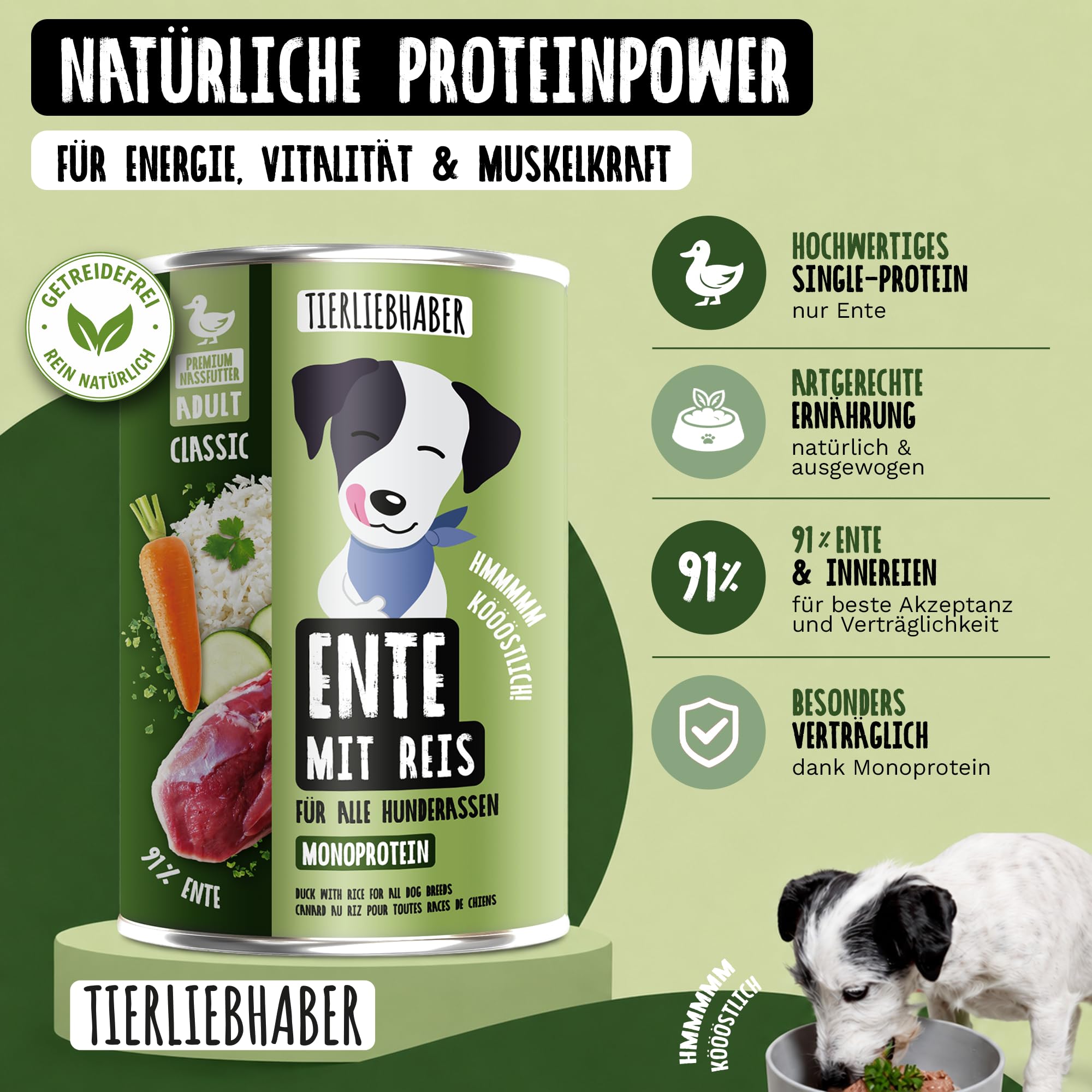 Hundefutter Nass 800g Ente & Reis – Hunde Nassfutter 12x800g Dog Food | Tierärztlich entwickeltes Nassfutter für Hunde mit 91% Fleischanteil – Hunde Futter leicht verdaulich von TIERLIEBHABER