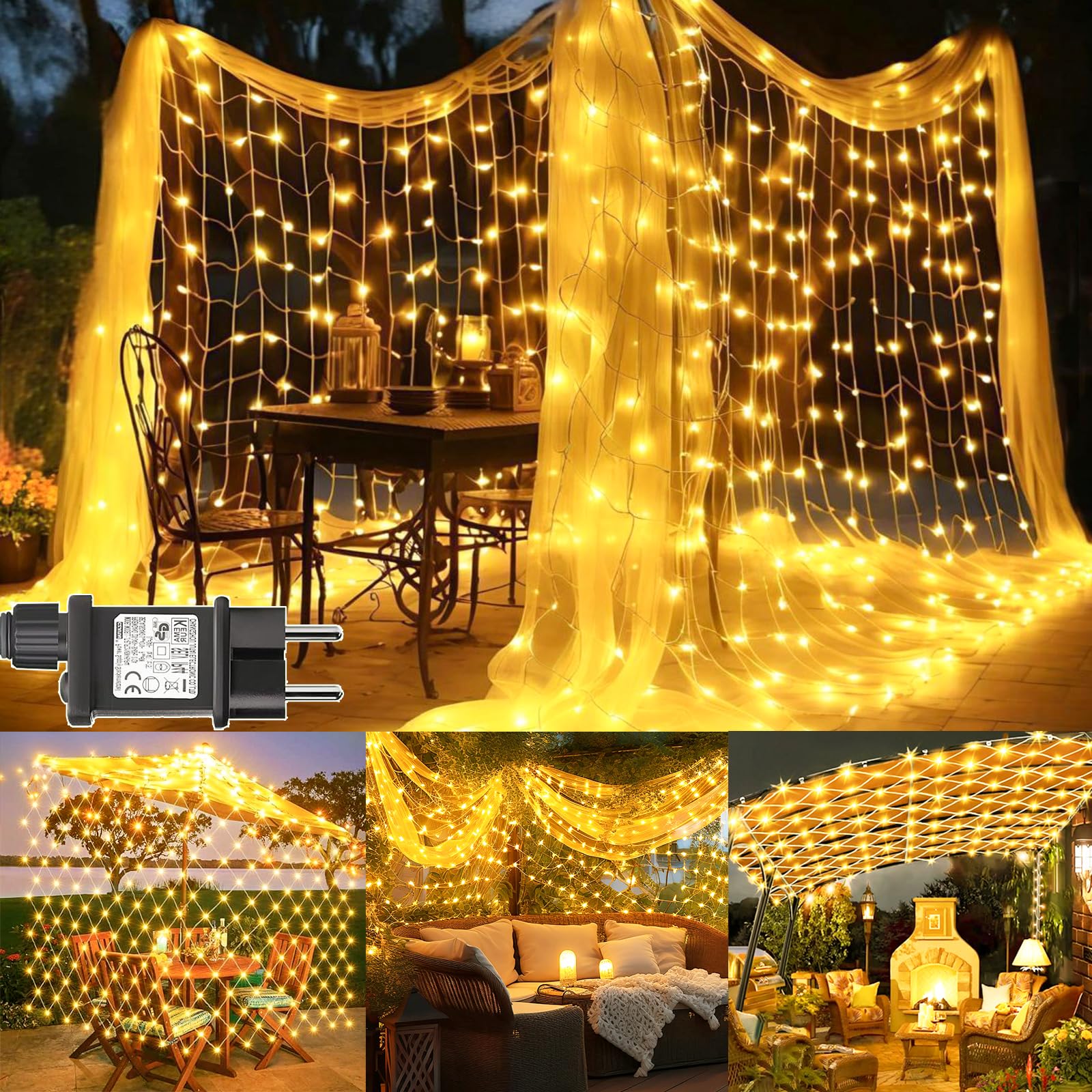 Dekofun Red de Navidad Exterior 3x2m 200 LED Cortina con Enchufe, Temporizador, 8 Modos IP65 Impermeable Malla para Balcón Jardín Árbol Navidad Exterior Interior - Blanco Cálido