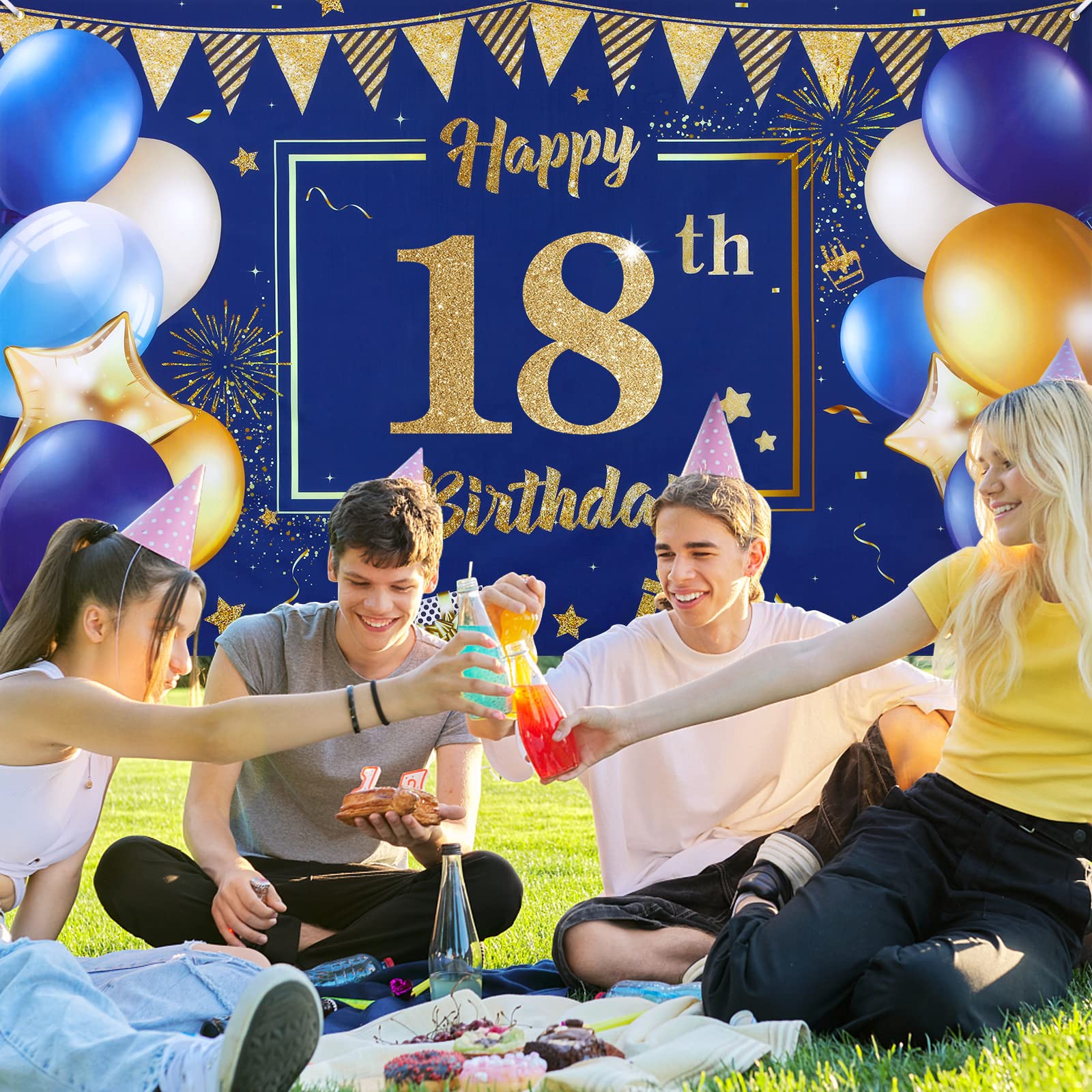 Happy 18th Birthday Backdrop Banner 70.8" X 43.3" - Blue Gold Fabric Poster For Party Decor & Photo Background