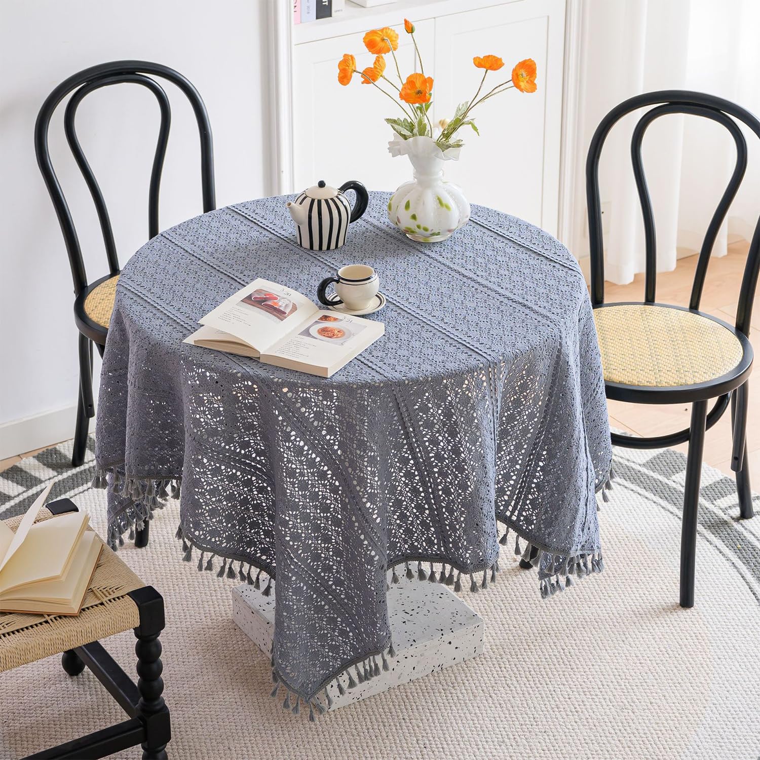 FOELANNE Embroidered Lace Tablecloth, Cotton Crochet Square Lace Tablecloth with Tassels Multicolor Multiple Sizes(Grey,110x110cm)