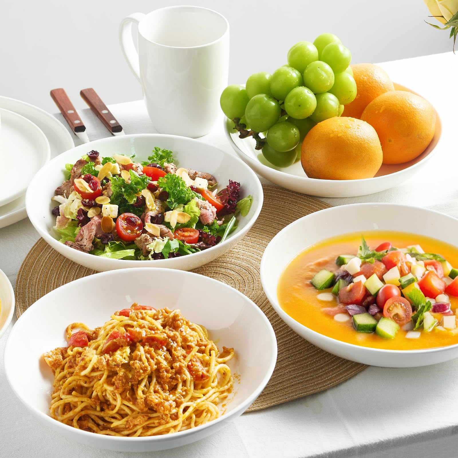 Jassceram Lot de 6 Bols à Pâtes de 21,5 cm, 1000 ml Bols à Salade en Porcelaine, Grands Bols pour Cuisine, Vaisselle Ronde – Passe au Lave-vaisselle, au Micro-ondes et au Four, Blanc